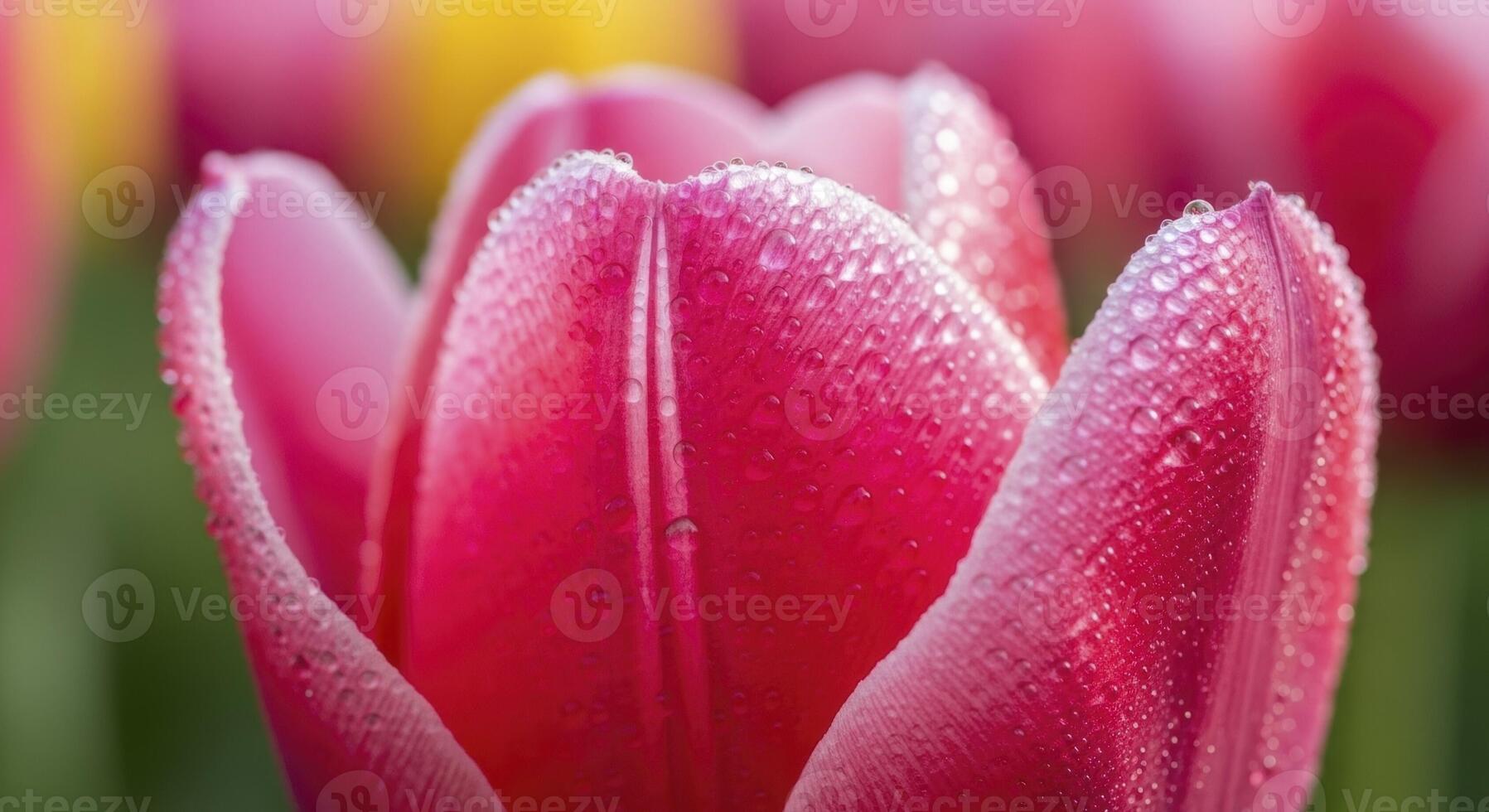 Vibrant pink tulip petal covered in glistening dew drops, a close up macro view photo