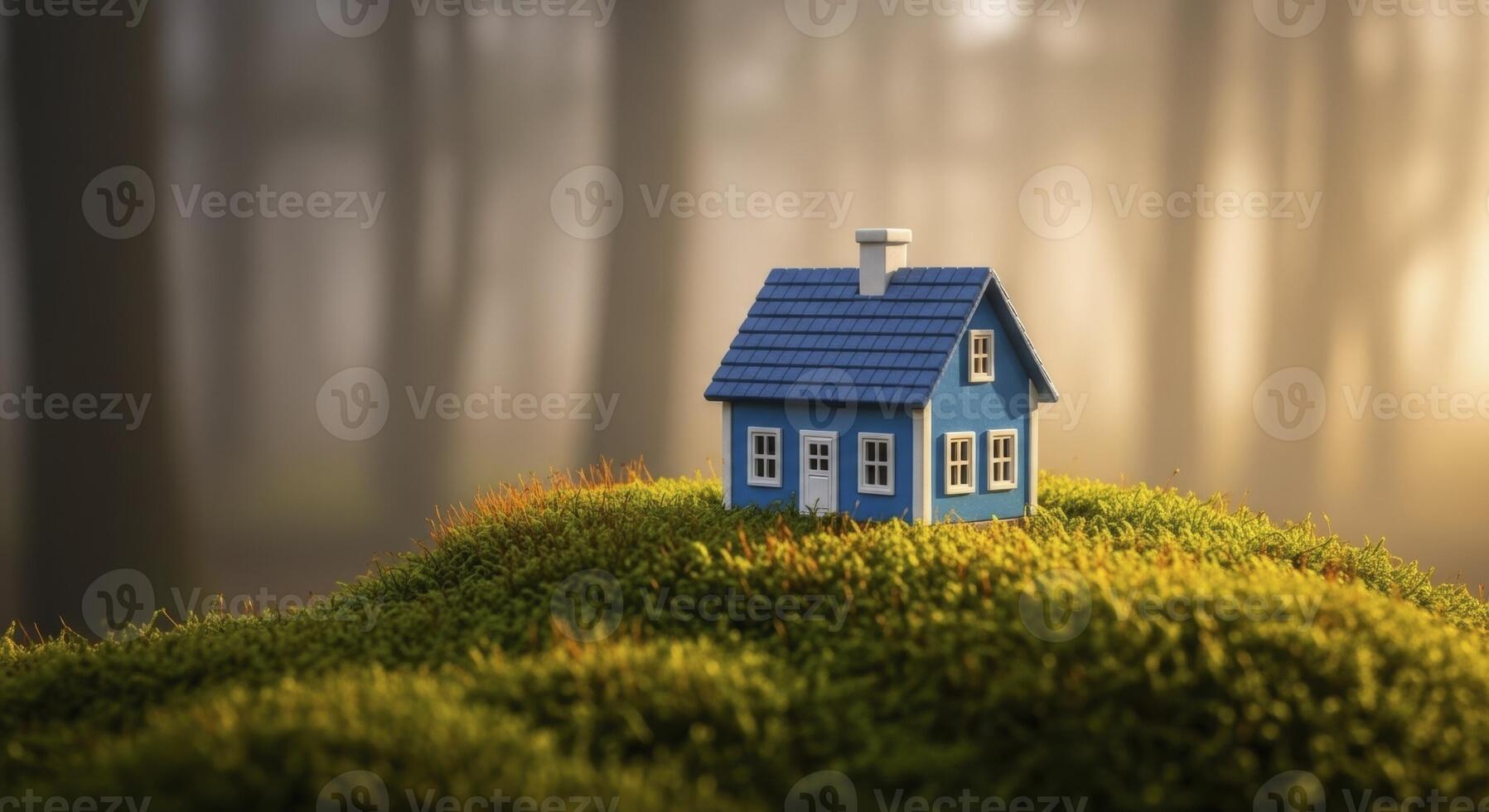 Miniature blue house on a mossy hill in a misty forest with golden light photo