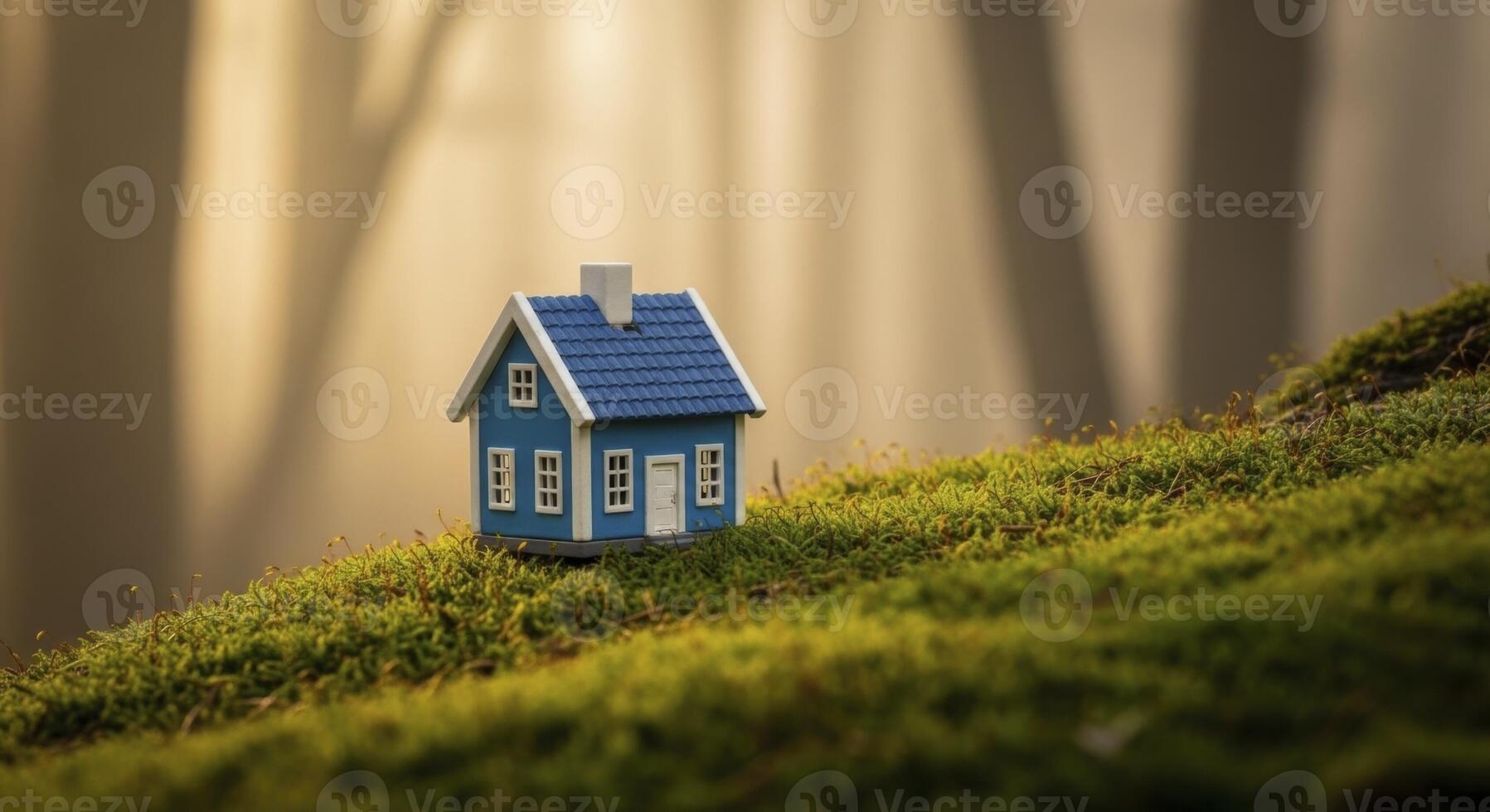 Miniature blue house with white chimney on a mossy hill in a serene misty forest photo