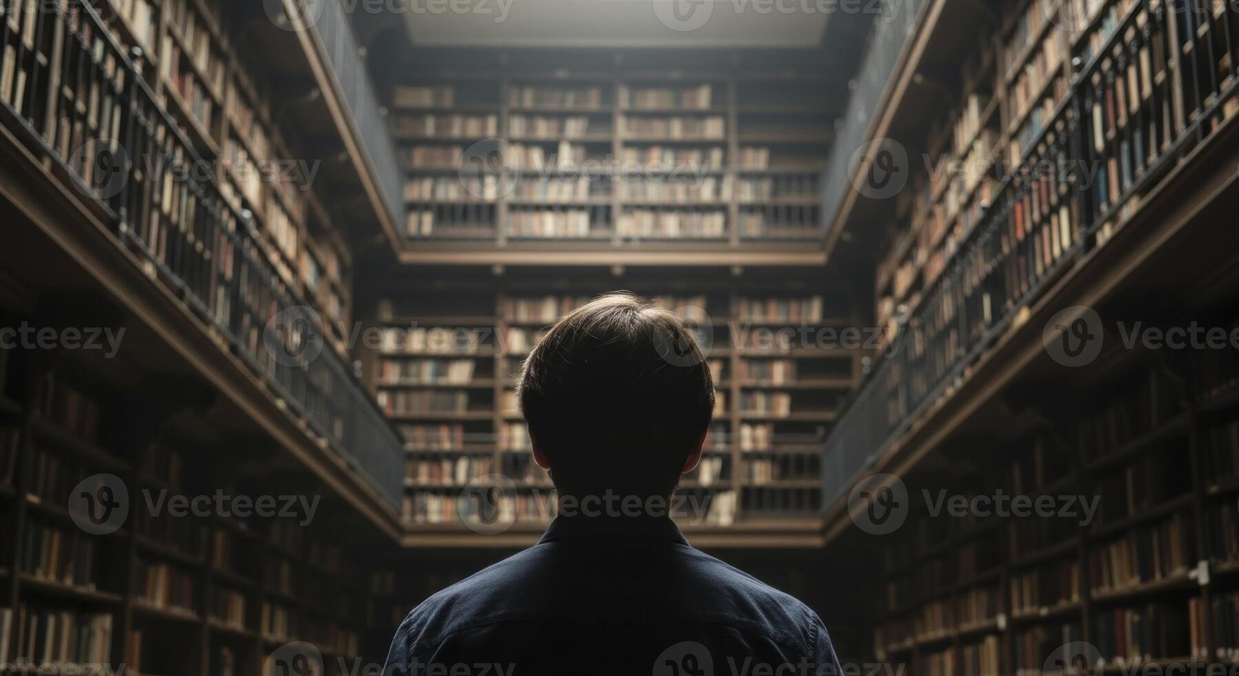 Man standing in a grand, dimly lit library surrounded by towering bookshelves. photo