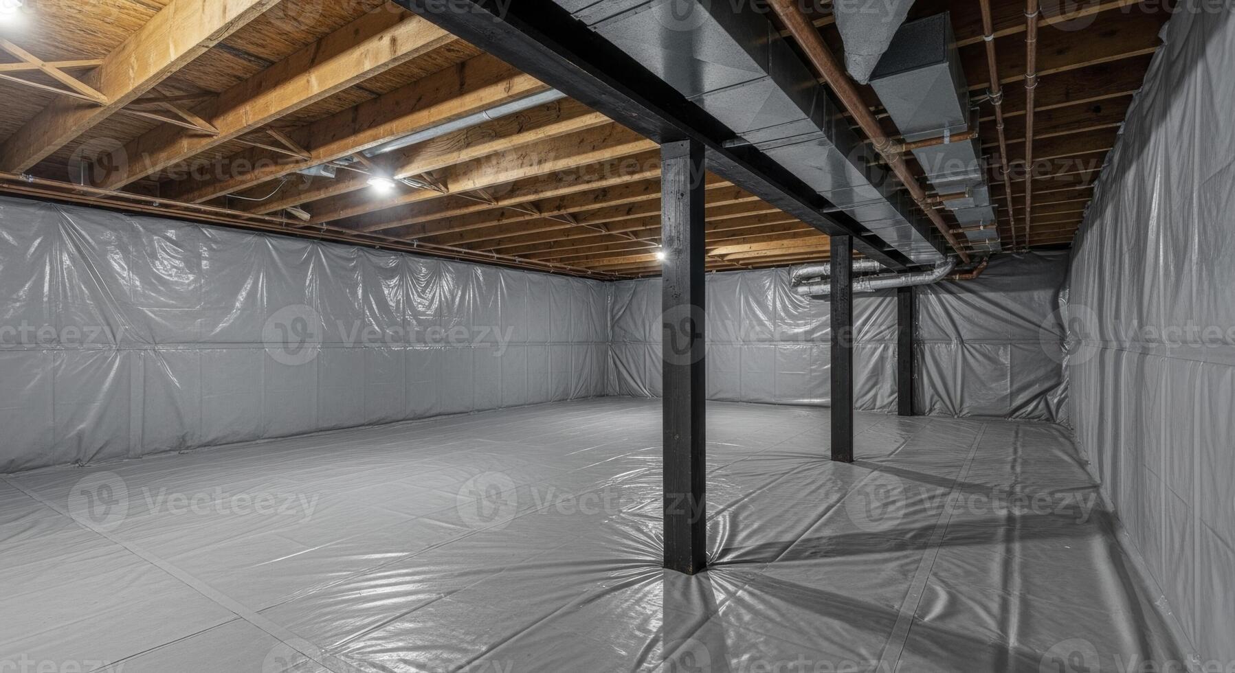 Clean encapsulated crawl space or unfinished basement with gray plastic barrier and wooden joists photo