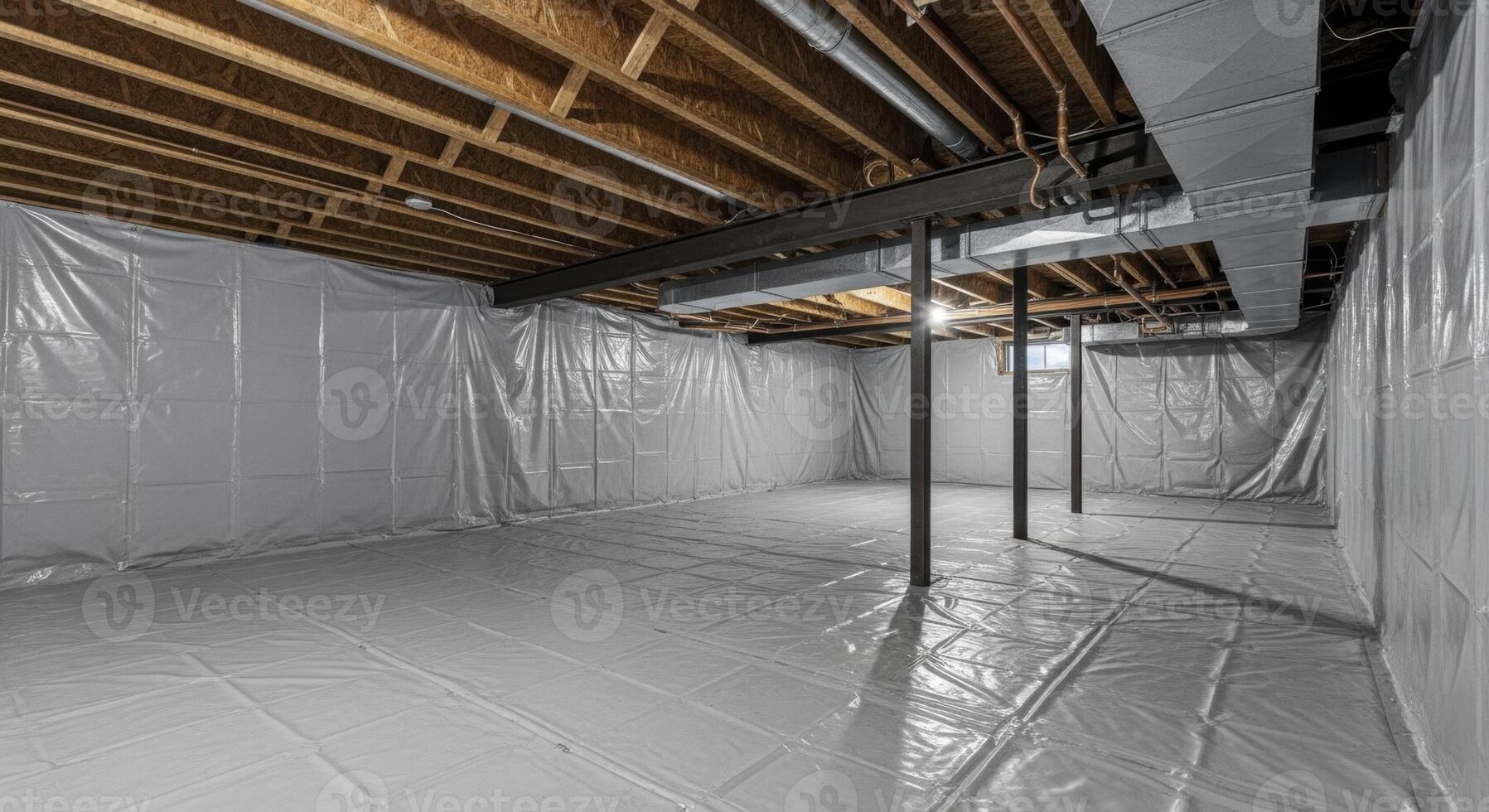 Clean encapsulated crawl space or unfinished basement with exposed joists and utilities photo