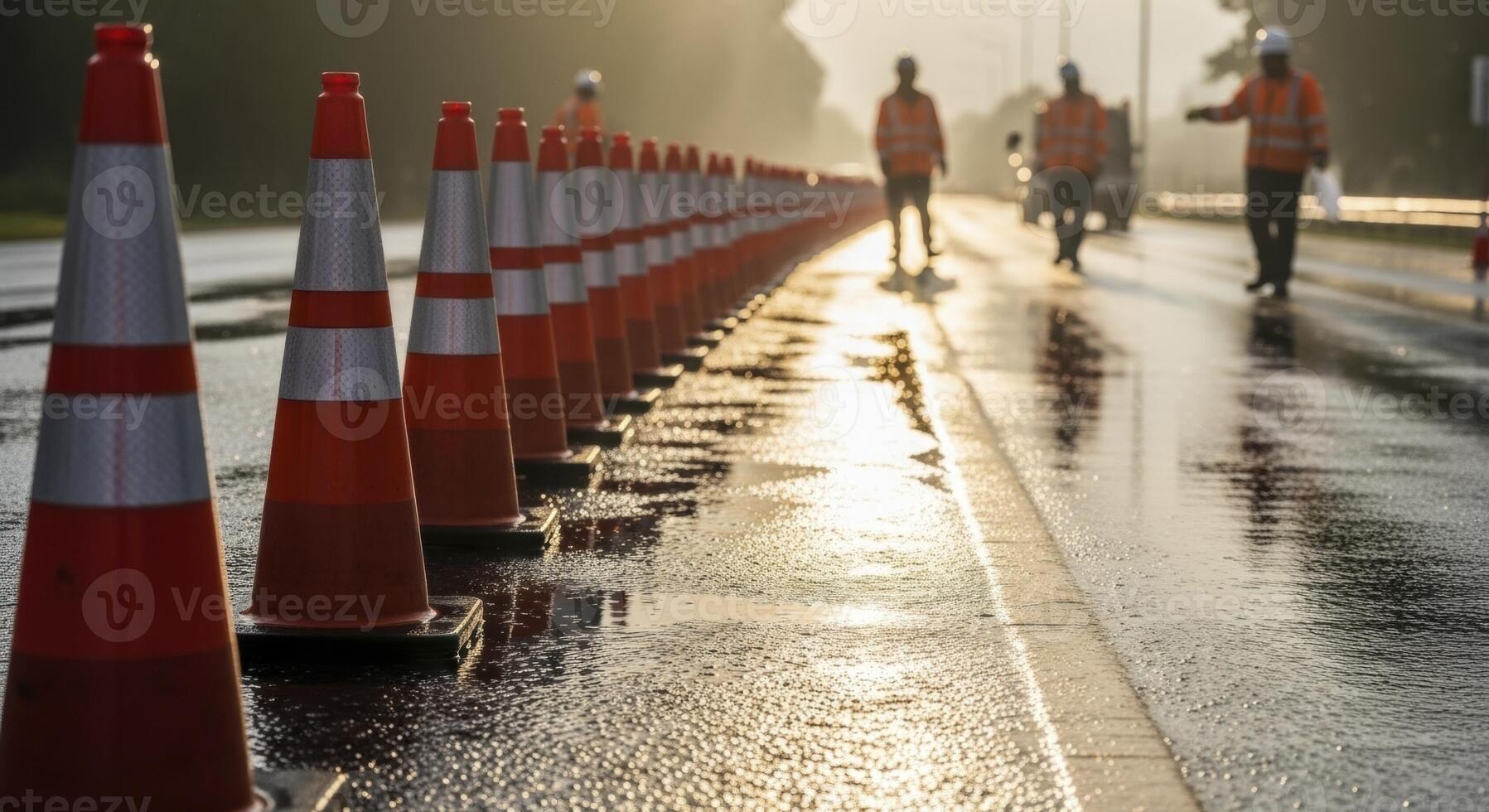 Long line of orange traffic cones on a wet road with construction workers in golden hour light photo