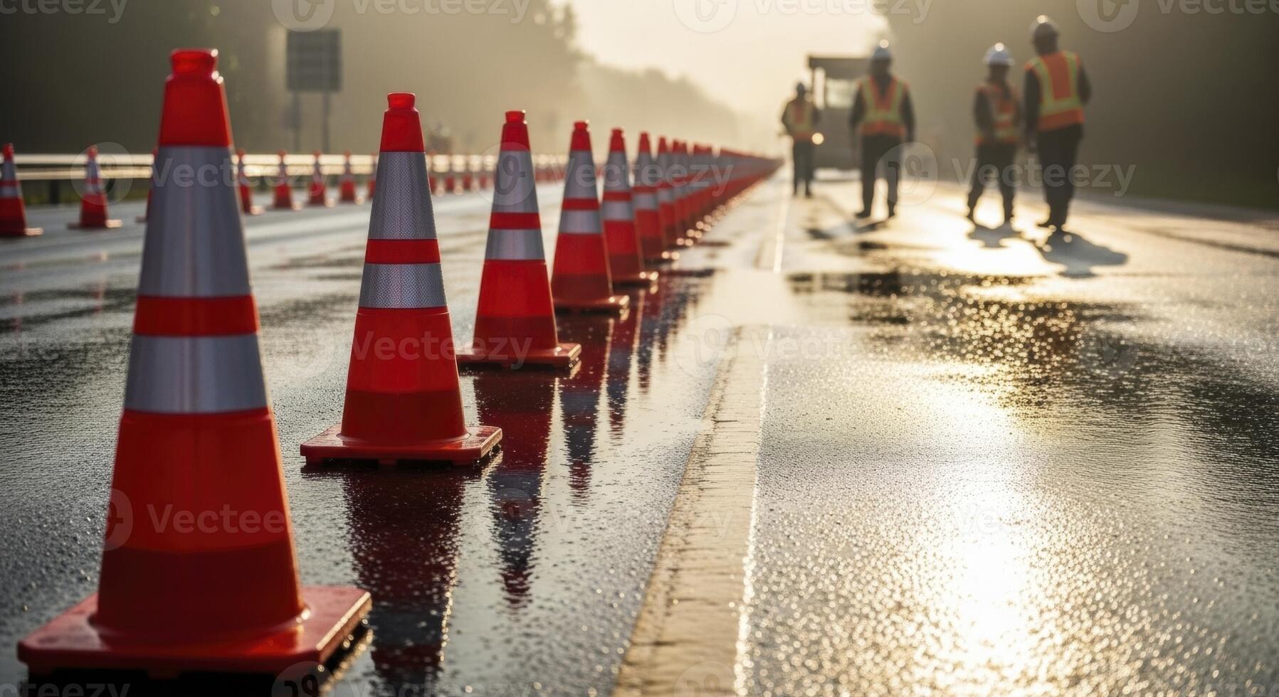 Long line of orange traffic cones on a wet road at a construction site with workers photo