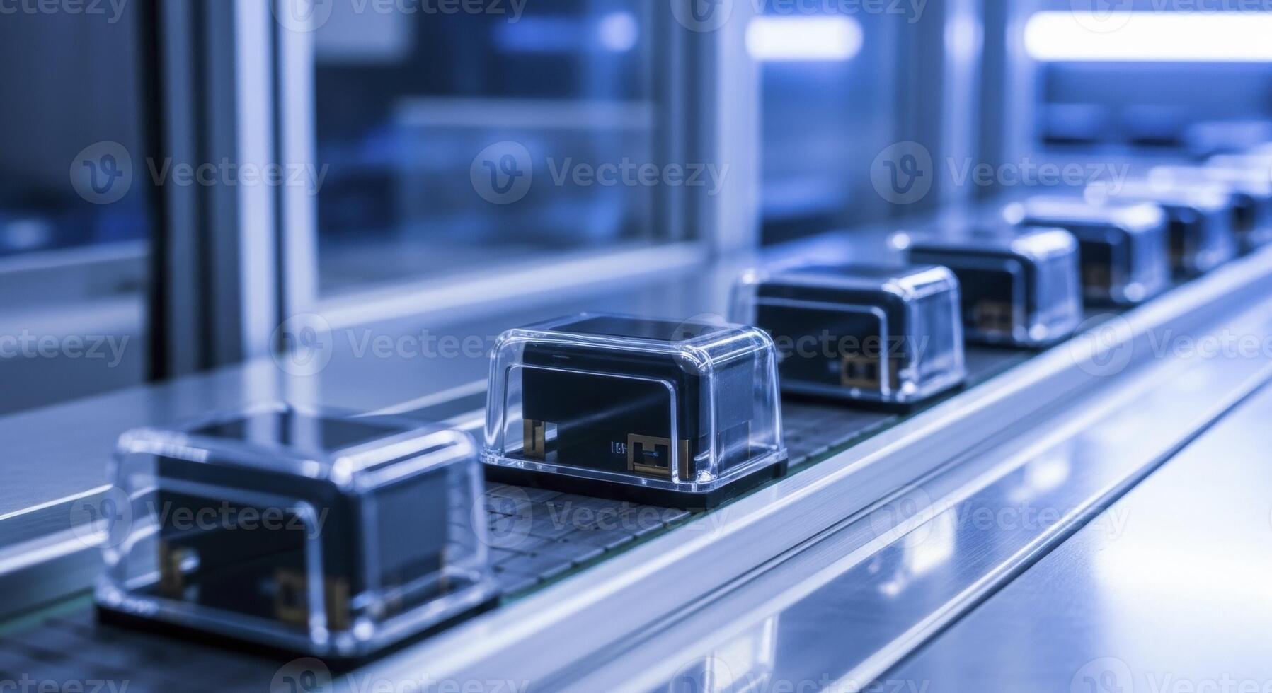 Automated production of electronic components on a conveyor belt in a modern factory photo