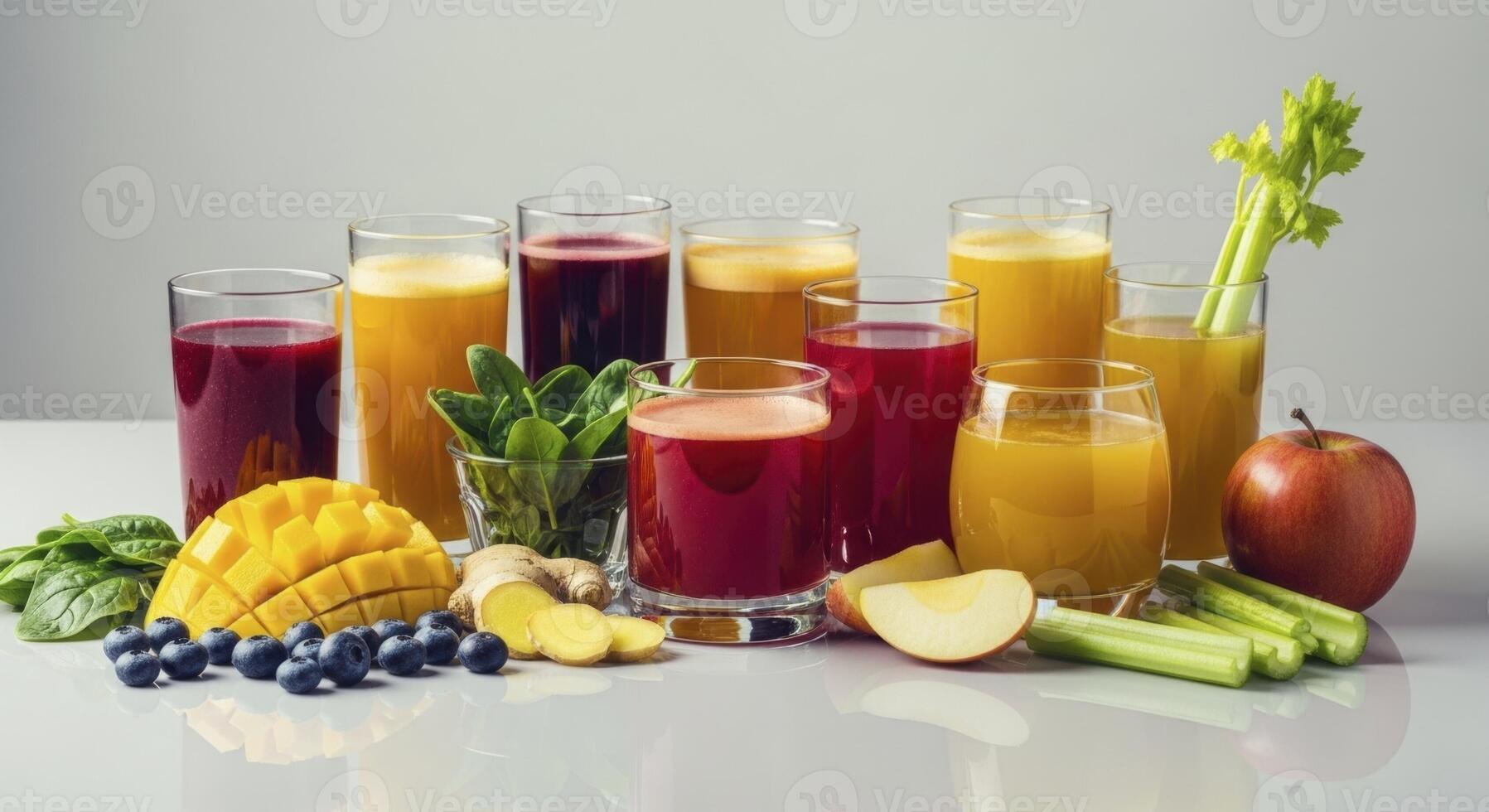 Collection of vibrant fruit and vegetable juices with fresh ingredients for healthy lifestyle and detox photo
