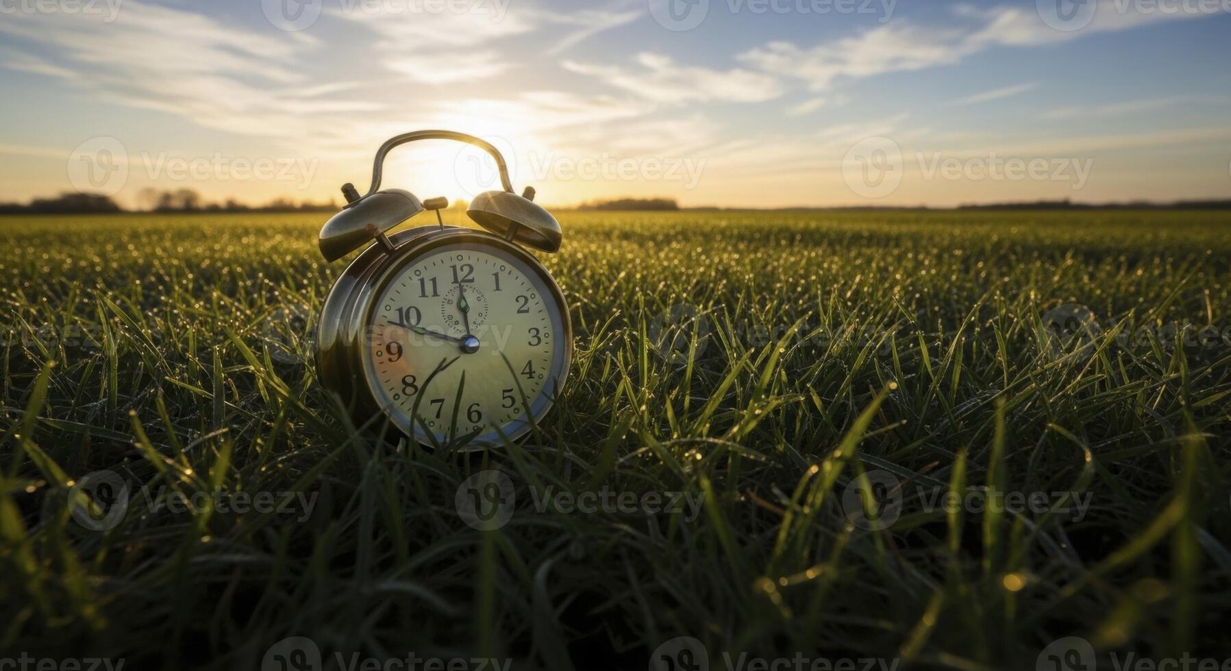 Classic brass alarm clock in dewy green grass at sunrise, symbolizing new beginnings. photo