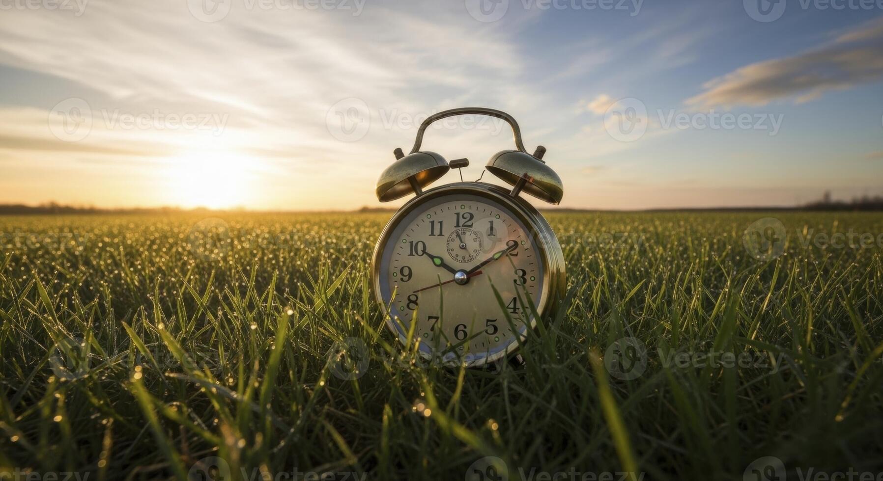 Classic brass alarm clock in a dewy green grass field at golden sunrise, symbolizing new beginnings photo