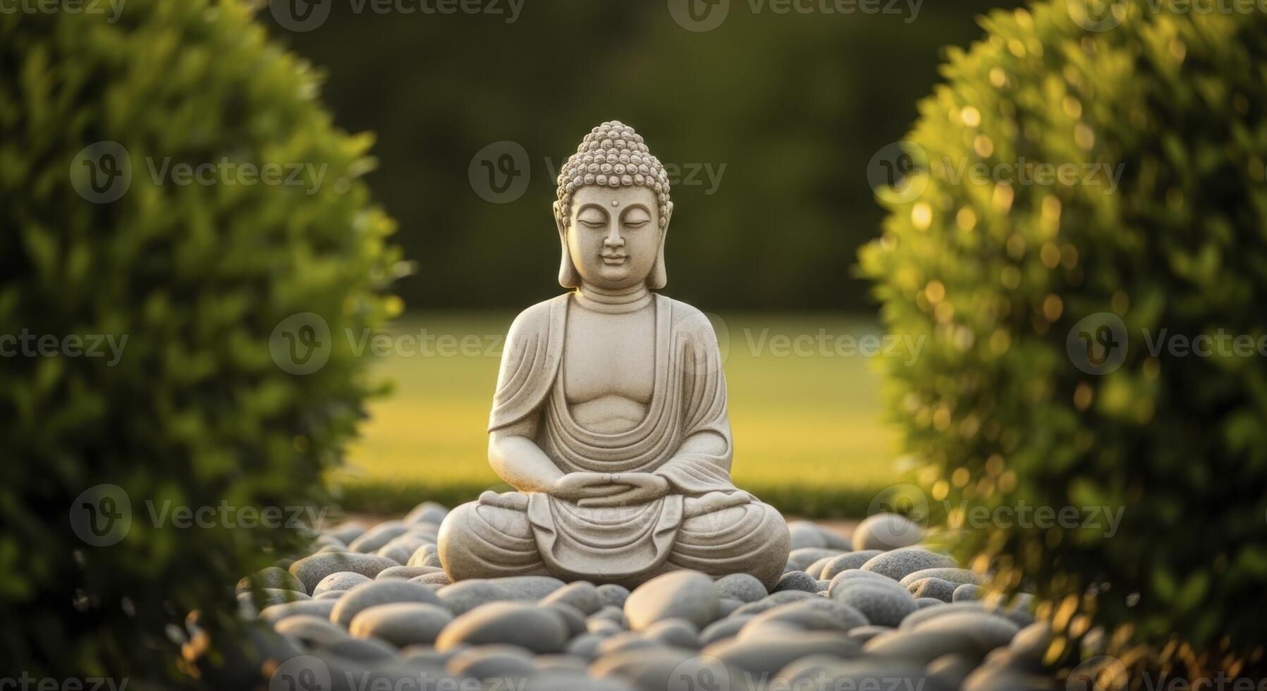 Serene buddha statue meditating on river stones surrounded by green garden bushes. photo