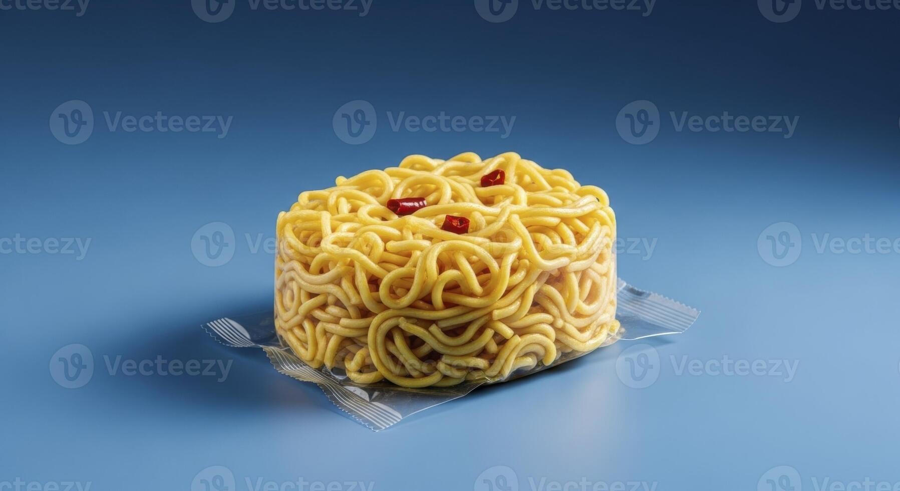 Dry instant ramen noodles in a clear plastic package with red pepper on a blue background photo