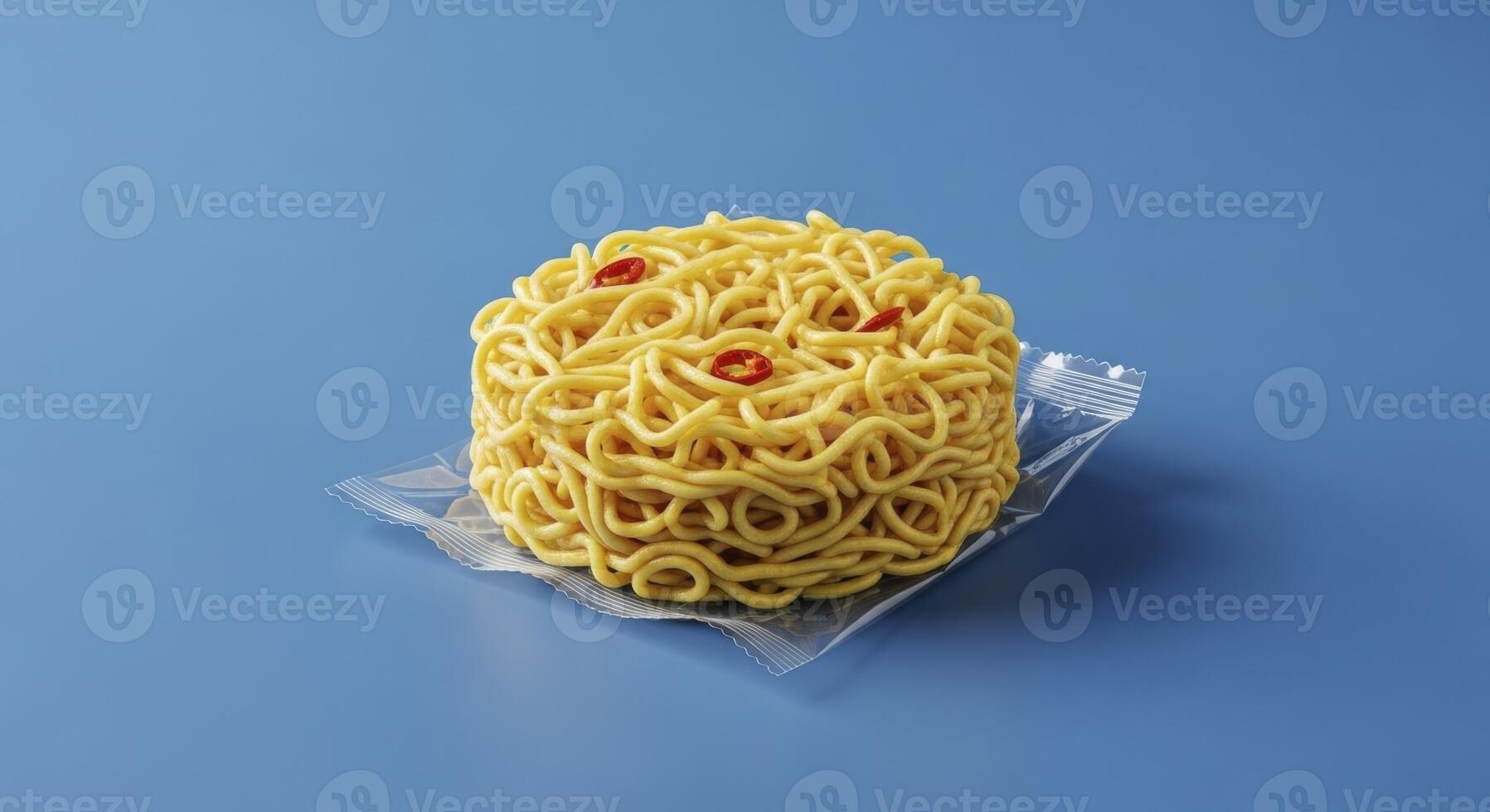 Compact block of yellow instant noodles in clear plastic packaging with red pepper flakes photo