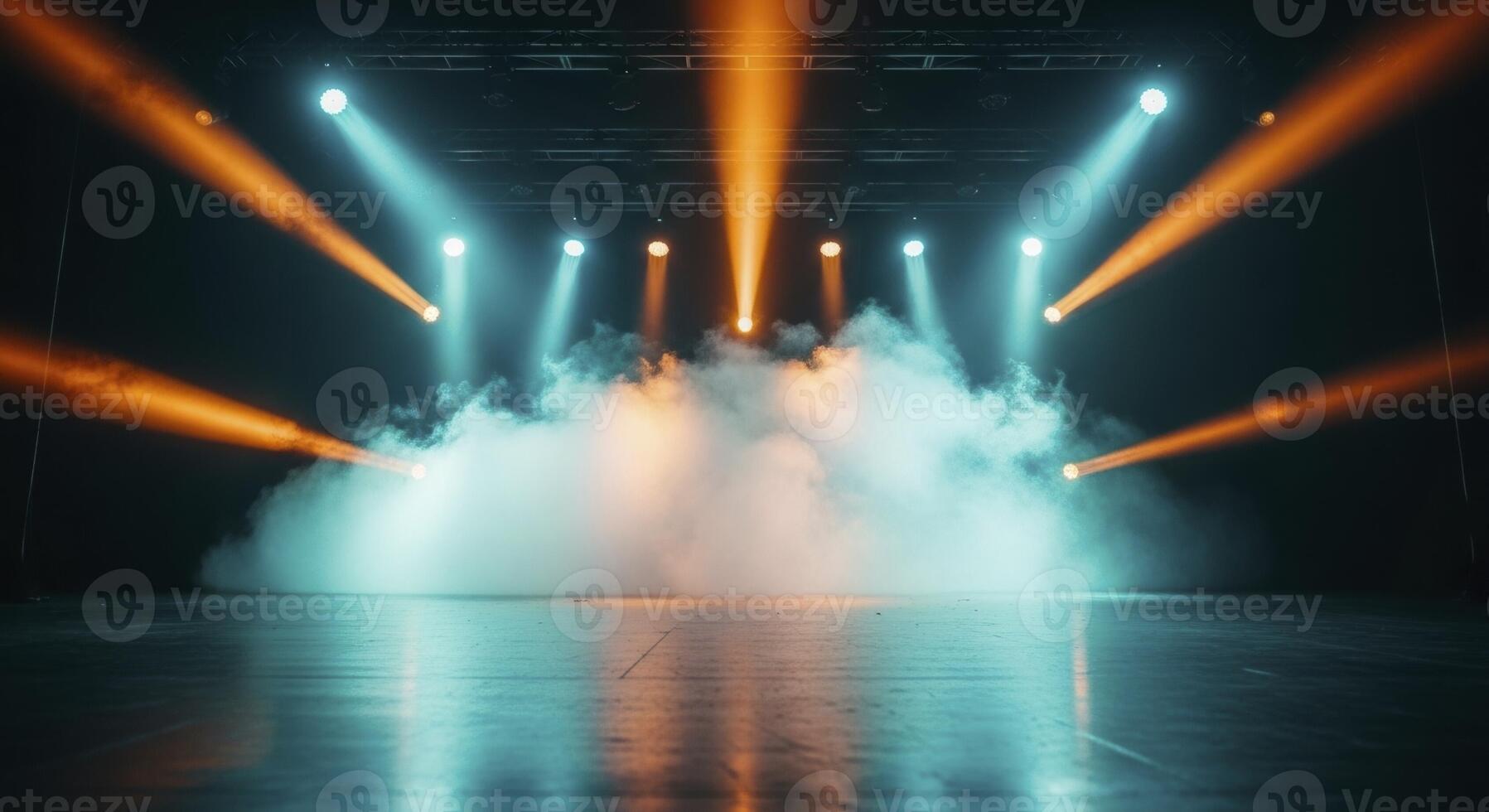 Empty concert stage with dramatic teal and orange spotlights and atmospheric smoke photo