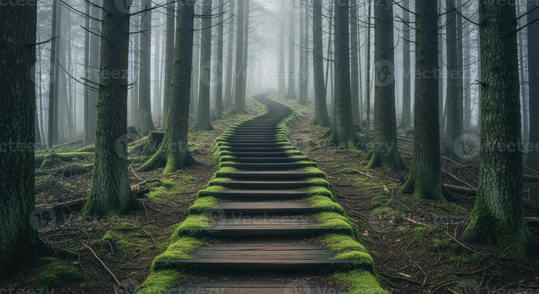 Winding wooden staircase ascends through a dense misty forest with moss lined steps photo