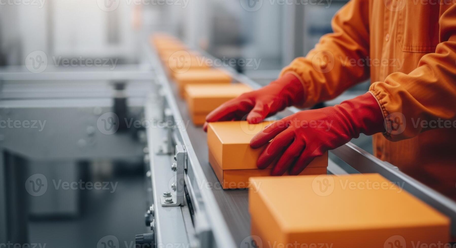 Worker placing orange boxes on a conveyor belt in a factory for efficient production photo