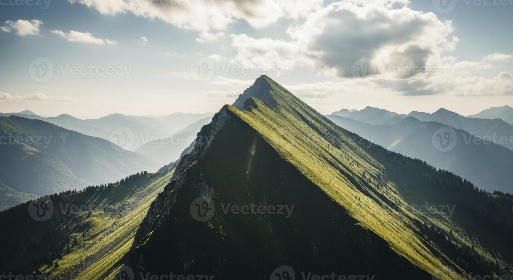Aerial view of a sharply pointed lush green mountain peak under a bright sky photo
