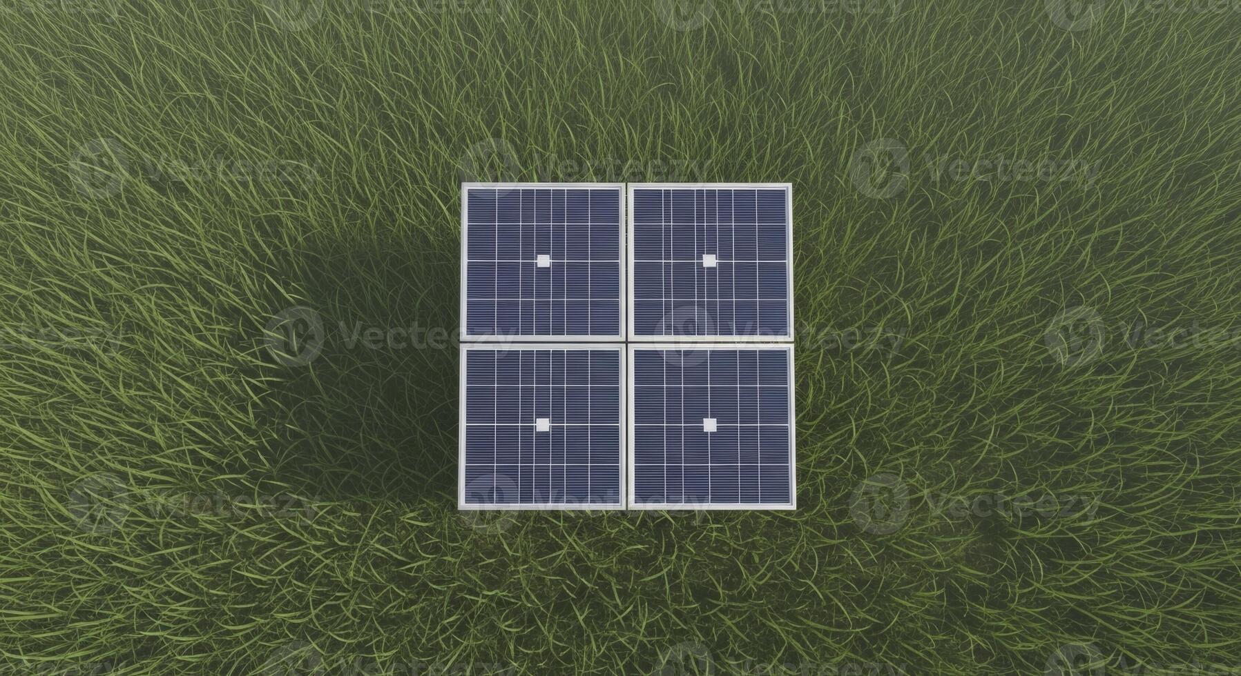 Overhead view of four solar panels on green grass, representing clean and renewable energy. photo