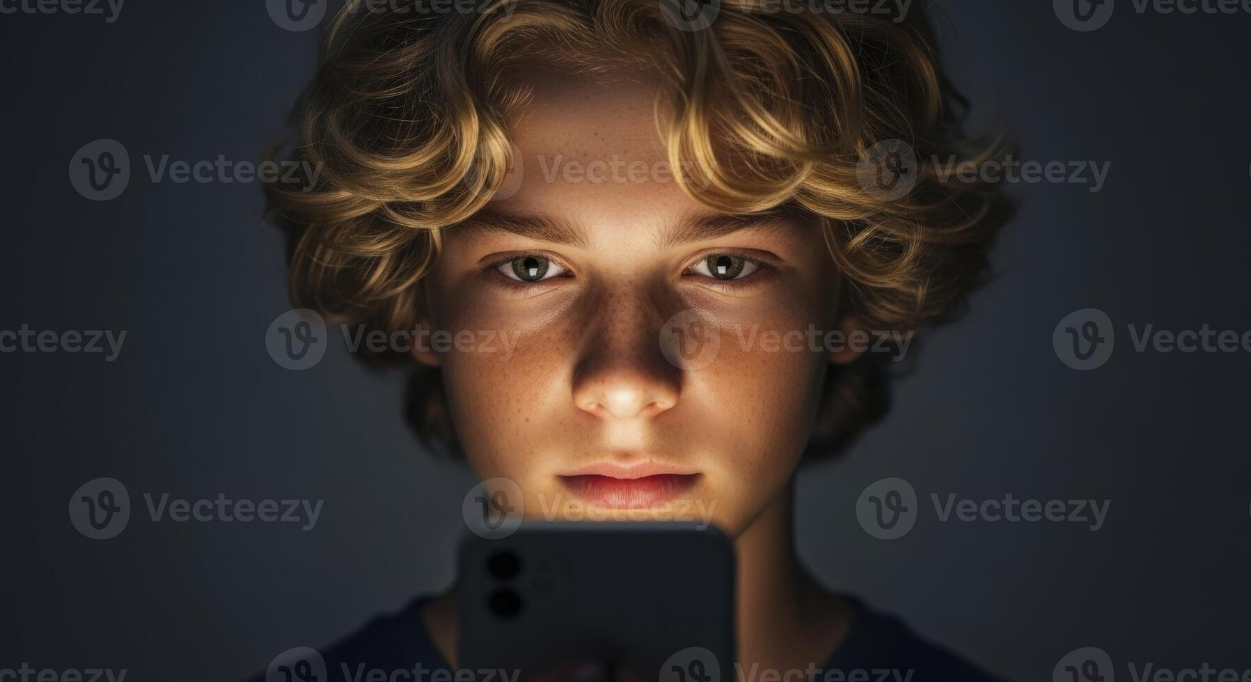 Teenage boy face illuminated by smartphone screen in a dark environment photo
