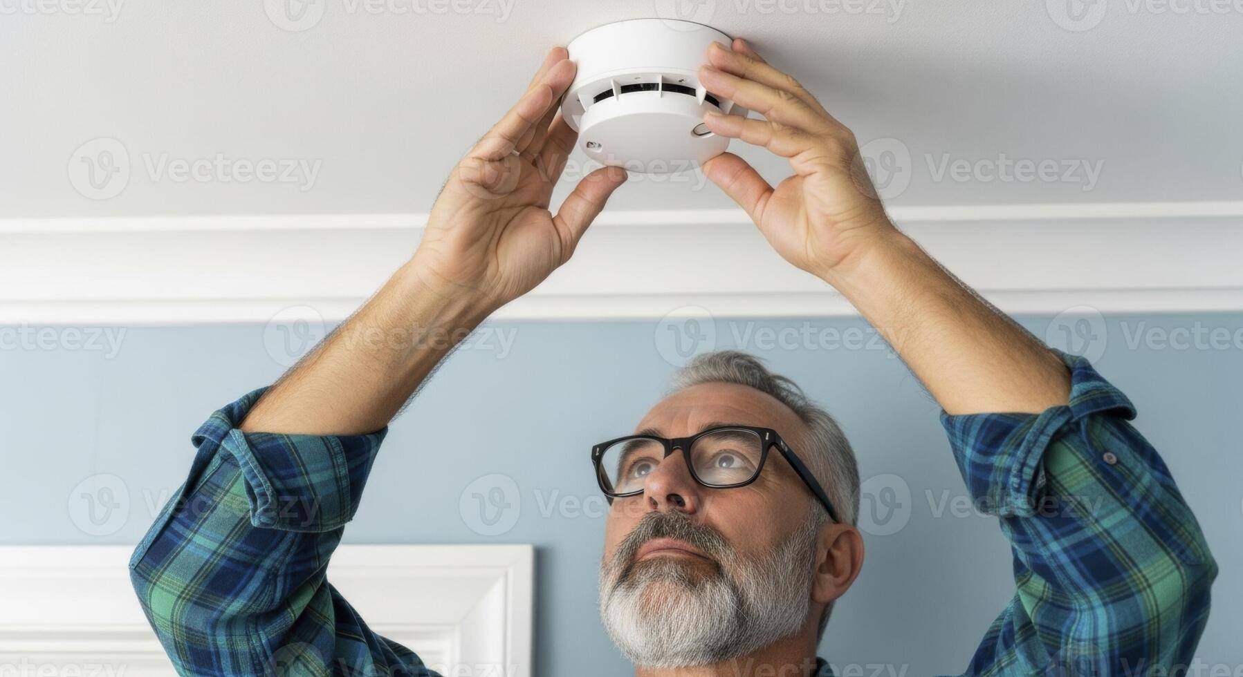 Mature man installing a white smoke detector on a ceiling for home safety photo