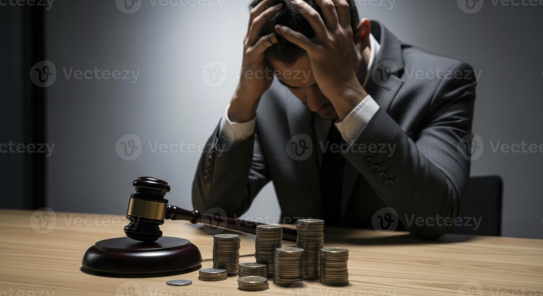 Distraught businessman facing legal and financial problems with gavel and coins on table photo