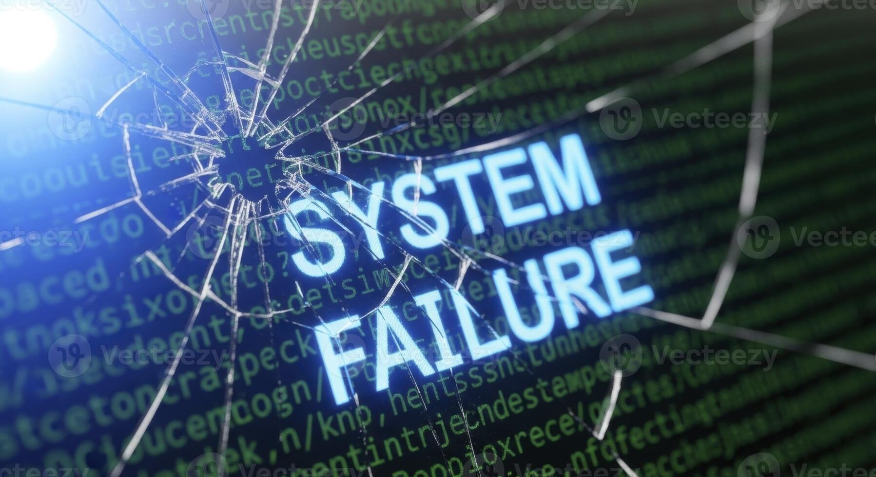 Shattered computer screen with SYSTEM FAILURE message and abstract digital code photo
