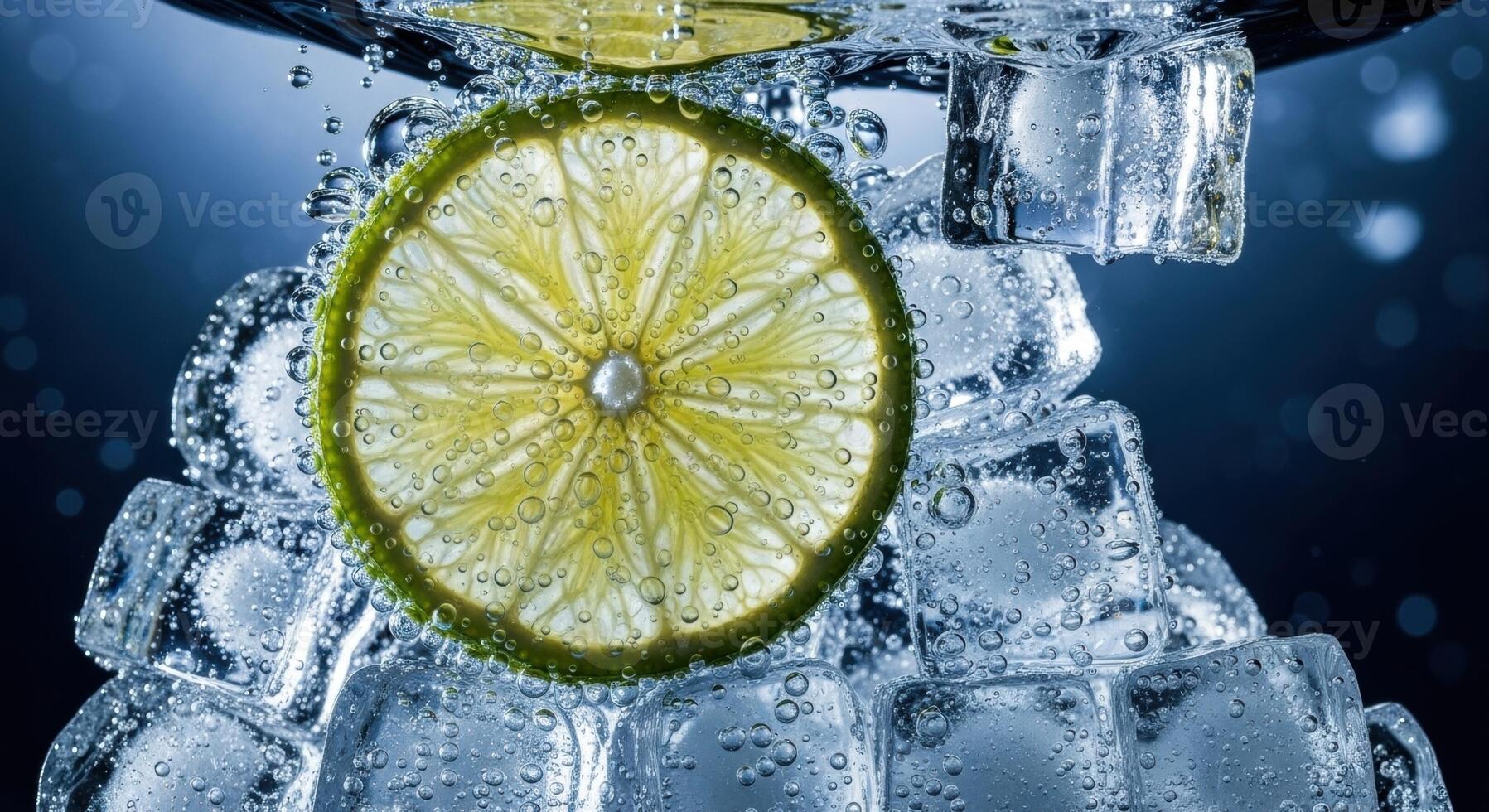 Refreshing Lime Slice and Ice Cubes in Sparkling Water with Bubbles photo