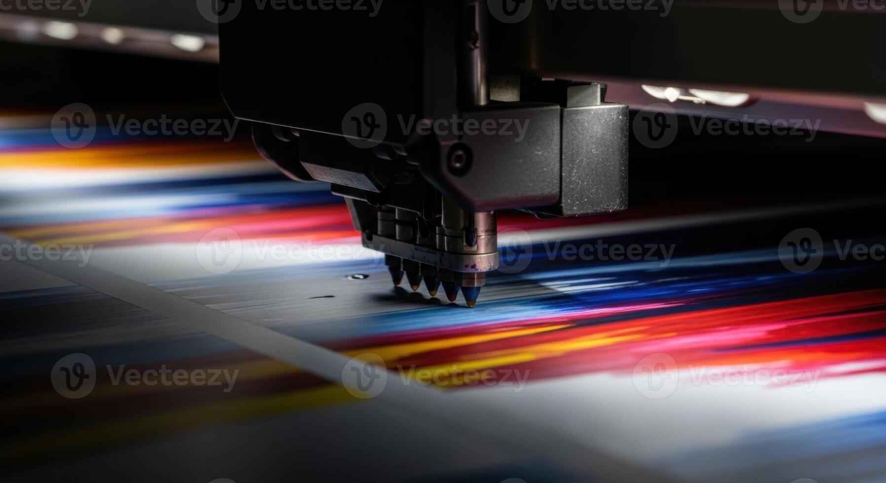 Close up of a large format industrial printer print head applying vibrant colorful ink onto paper. photo