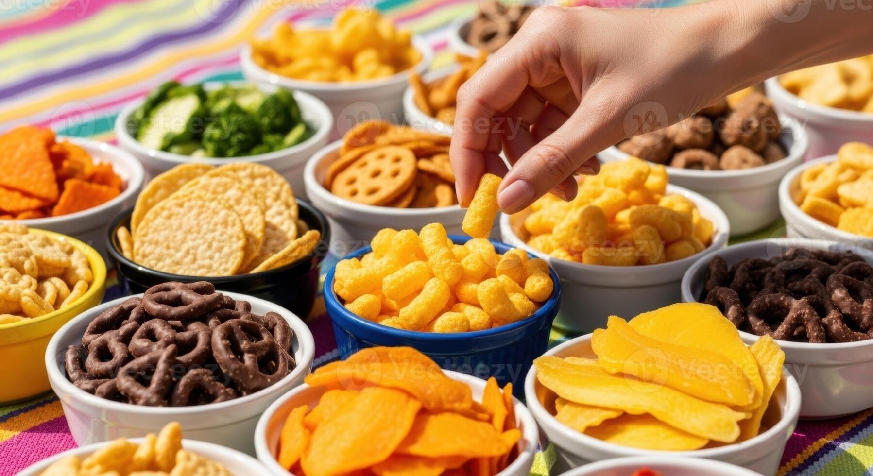 Hand Reaching for Cheese Puff Among Assorted Snacks in Bowls on a Colorful Tablecloth photo