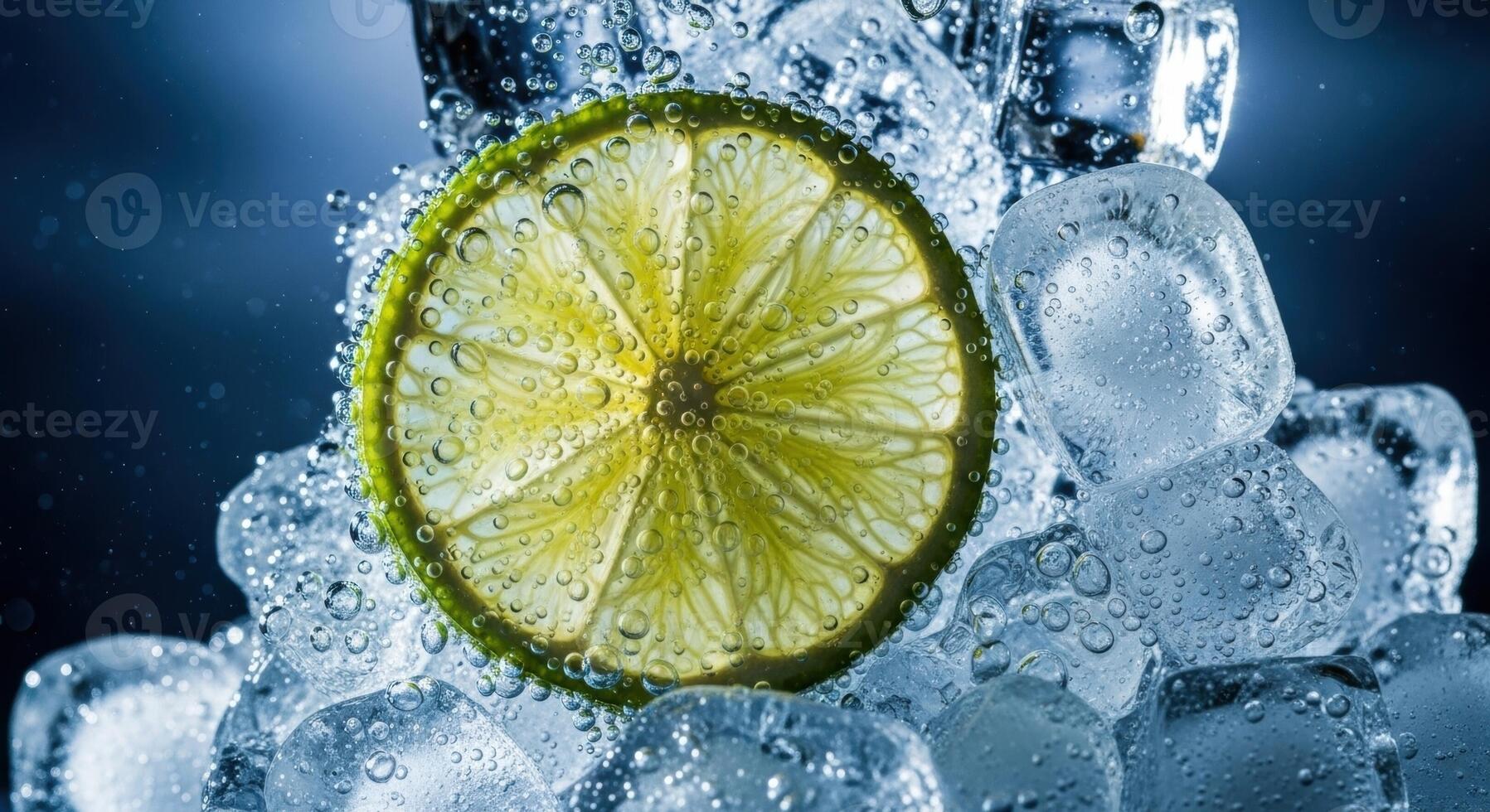 Refreshing Lime Slice and Ice Cubes with Water Droplets for a Cool Beverage Concept photo