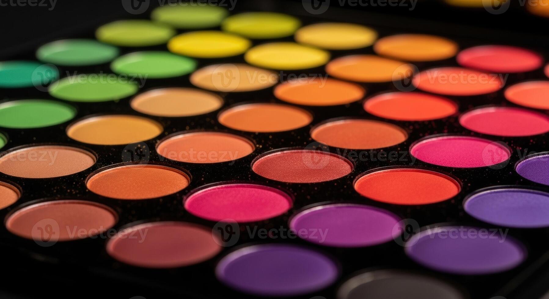Vibrant makeup palette with a wide spectrum of colorful eyeshadows in circular pans photo