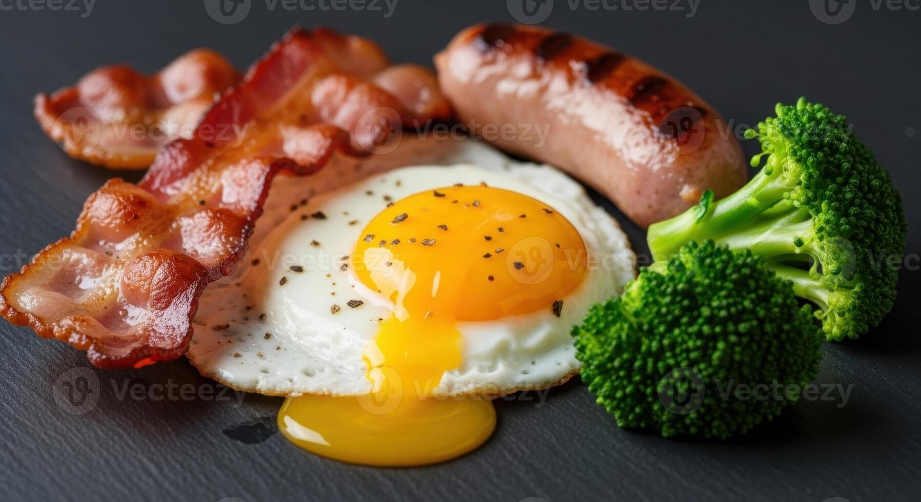 Deconstructed breakfast with crispy bacon, fried egg, grilled sausage, and fresh broccoli photo