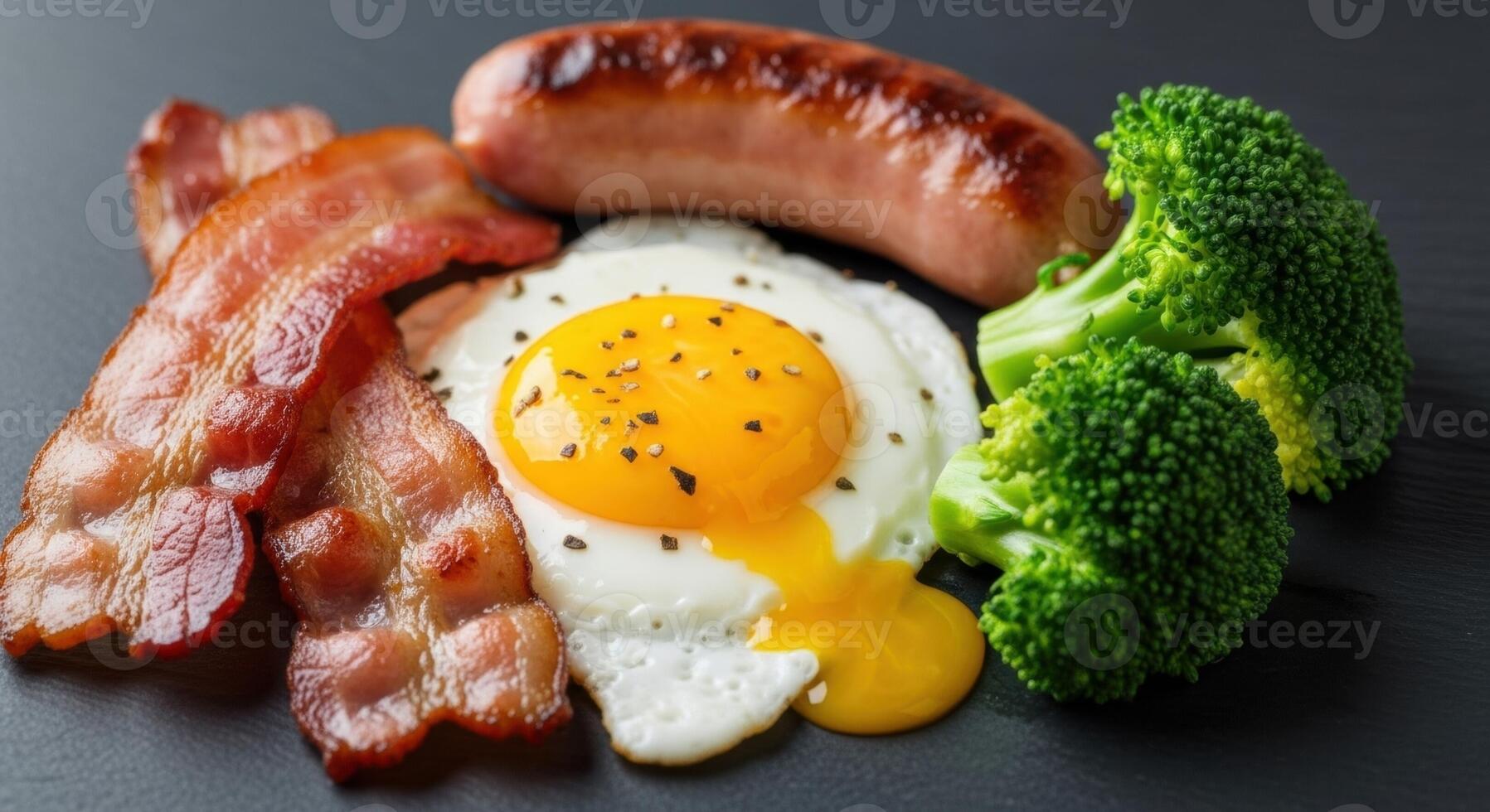 Deconstructed breakfast with crispy bacon, fried egg, sausage, and fresh broccoli. photo