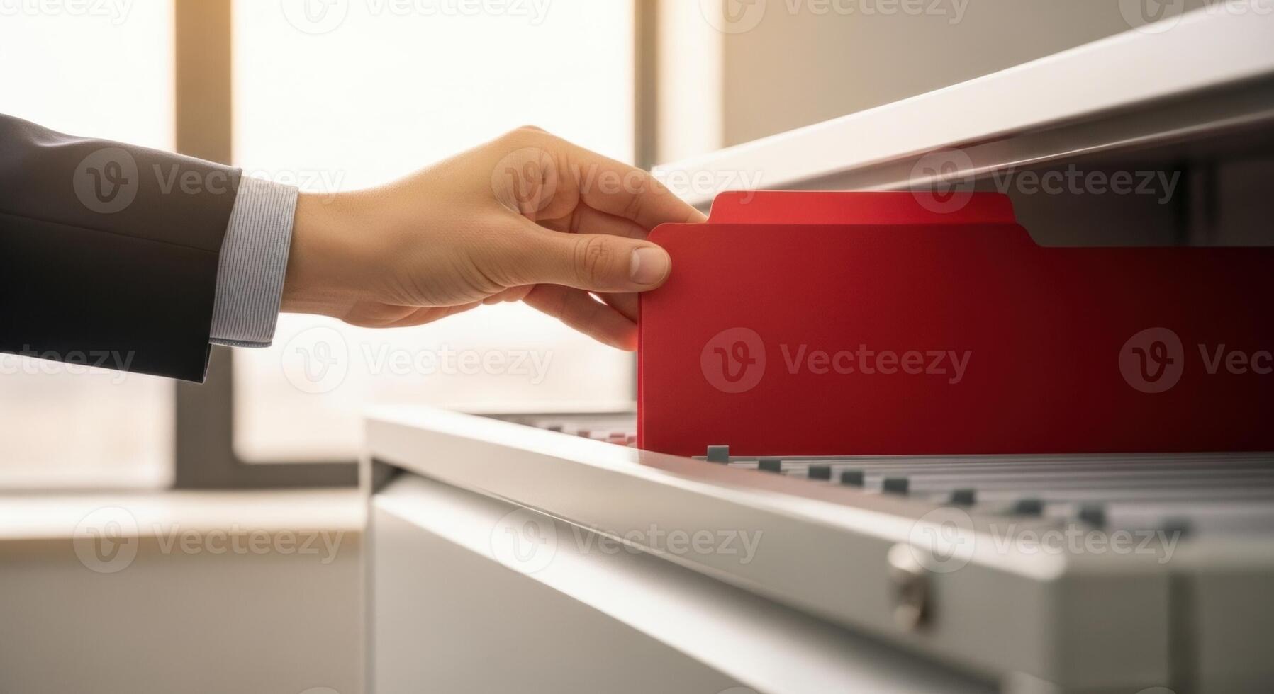 Man placing a red file into a metal cabinet for efficient document organization and storage photo