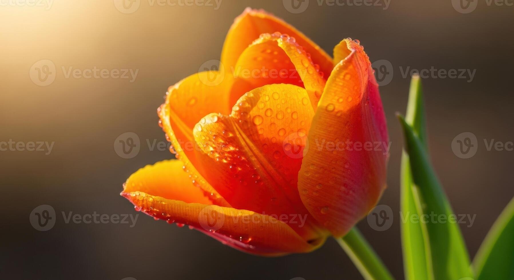 Close Up of a Vibrant Orange Tulip with Water Droplets Unfurling in Soft Sunlight photo