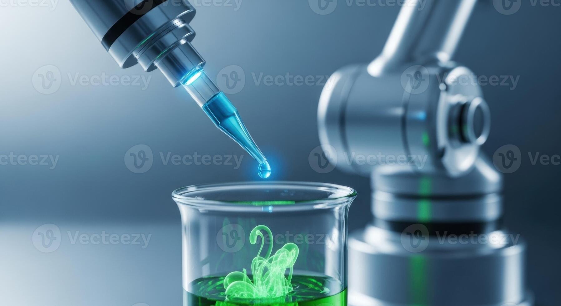 Robotic arm dripping liquid into a beaker in a futuristic science laboratory photo
