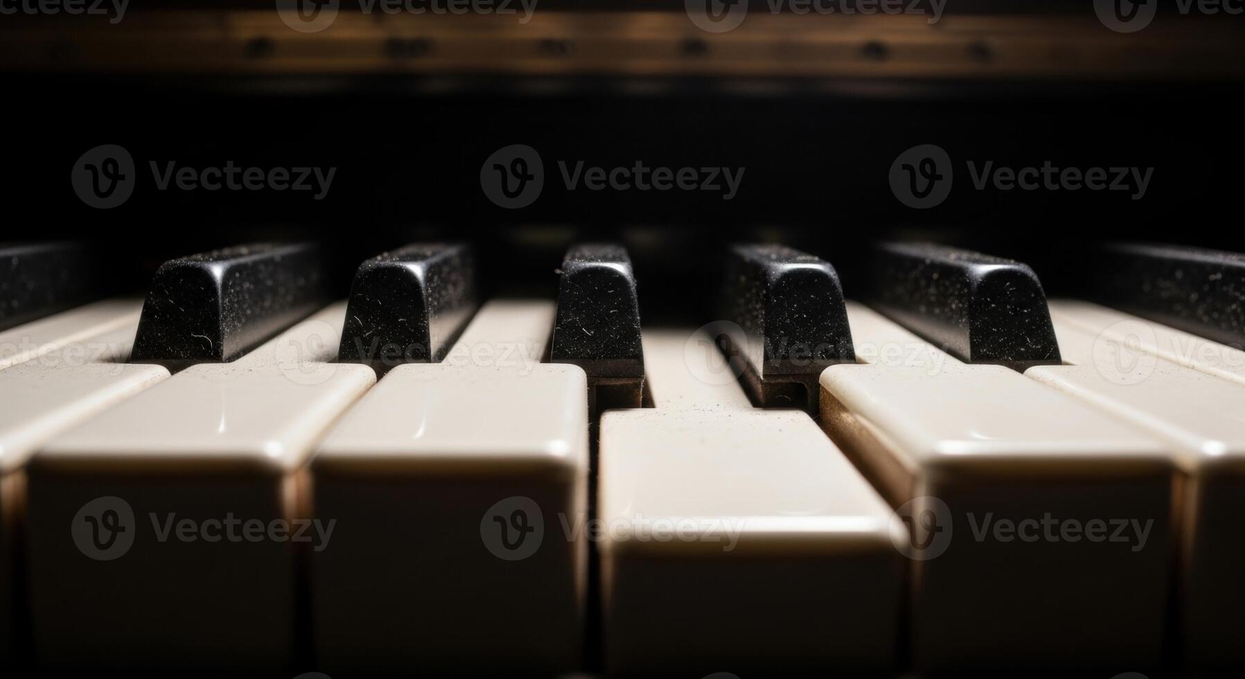 Close up low angle view of worn white and black piano keys on a classic musical instrument photo