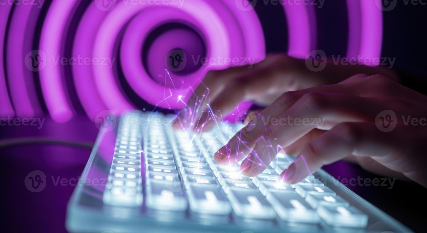 Hands typing on a glowing futuristic keyboard with digital effects and purple spiral background photo