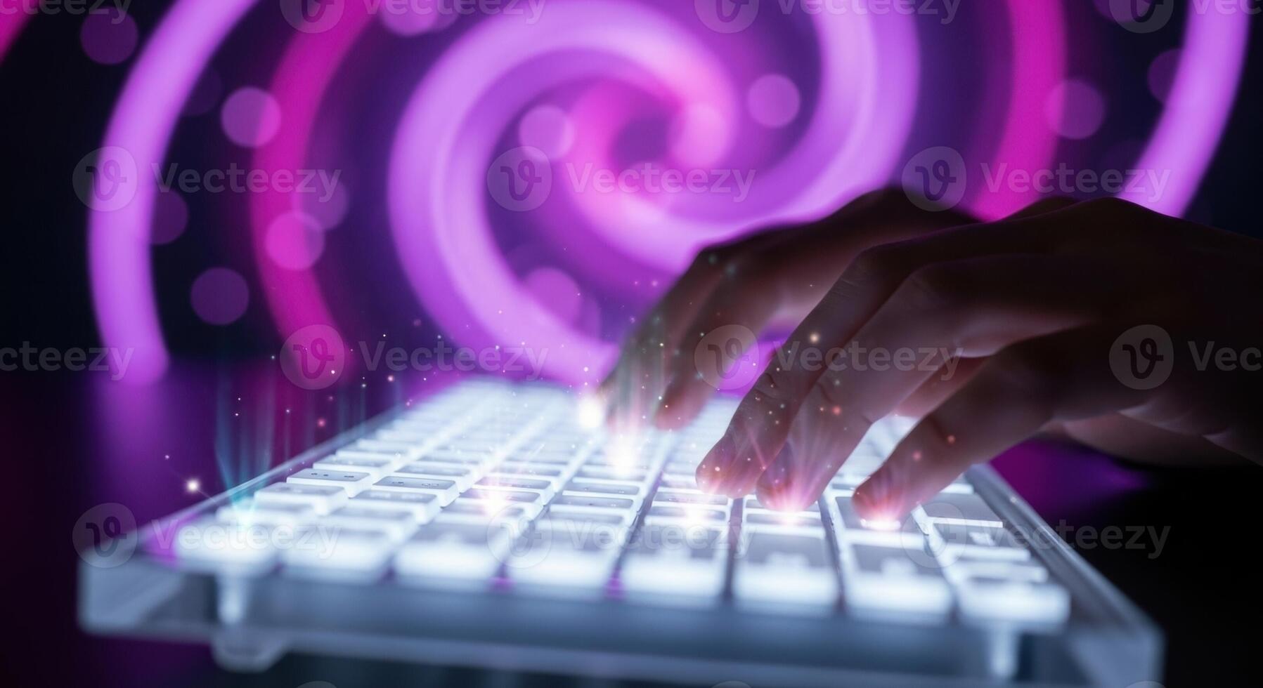 Hands typing on a glowing transparent keyboard with abstract purple technology background photo