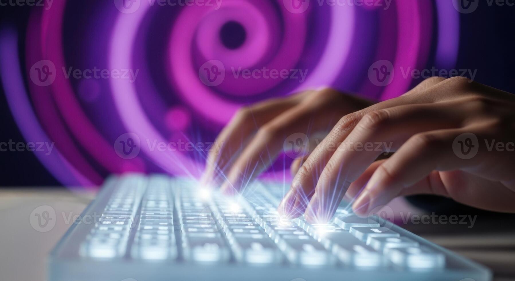 Hands typing on a futuristic glowing keyboard with an abstract purple digital background photo