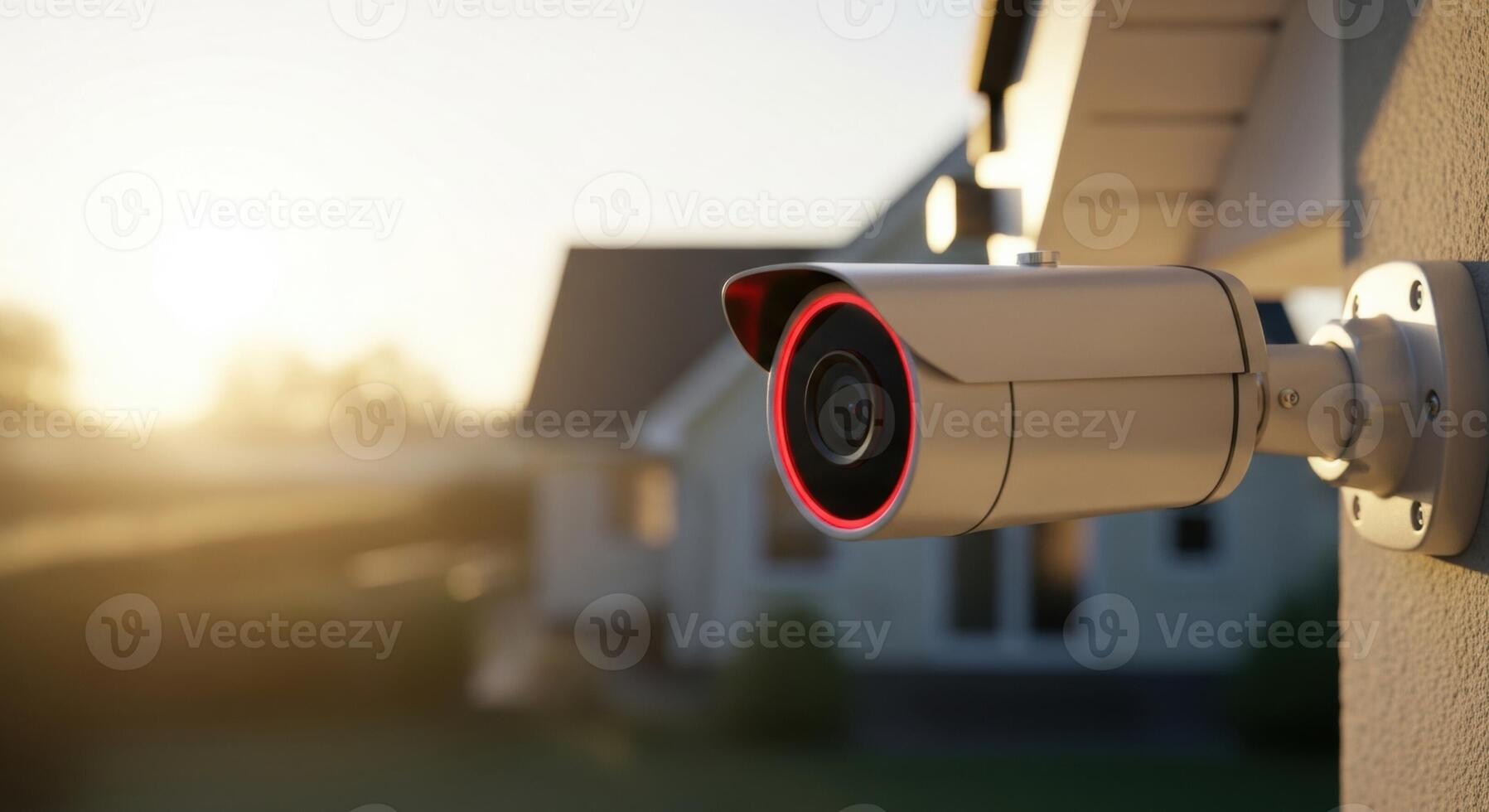 Outdoor bullet style security camera with red light on a house wall at sunset photo