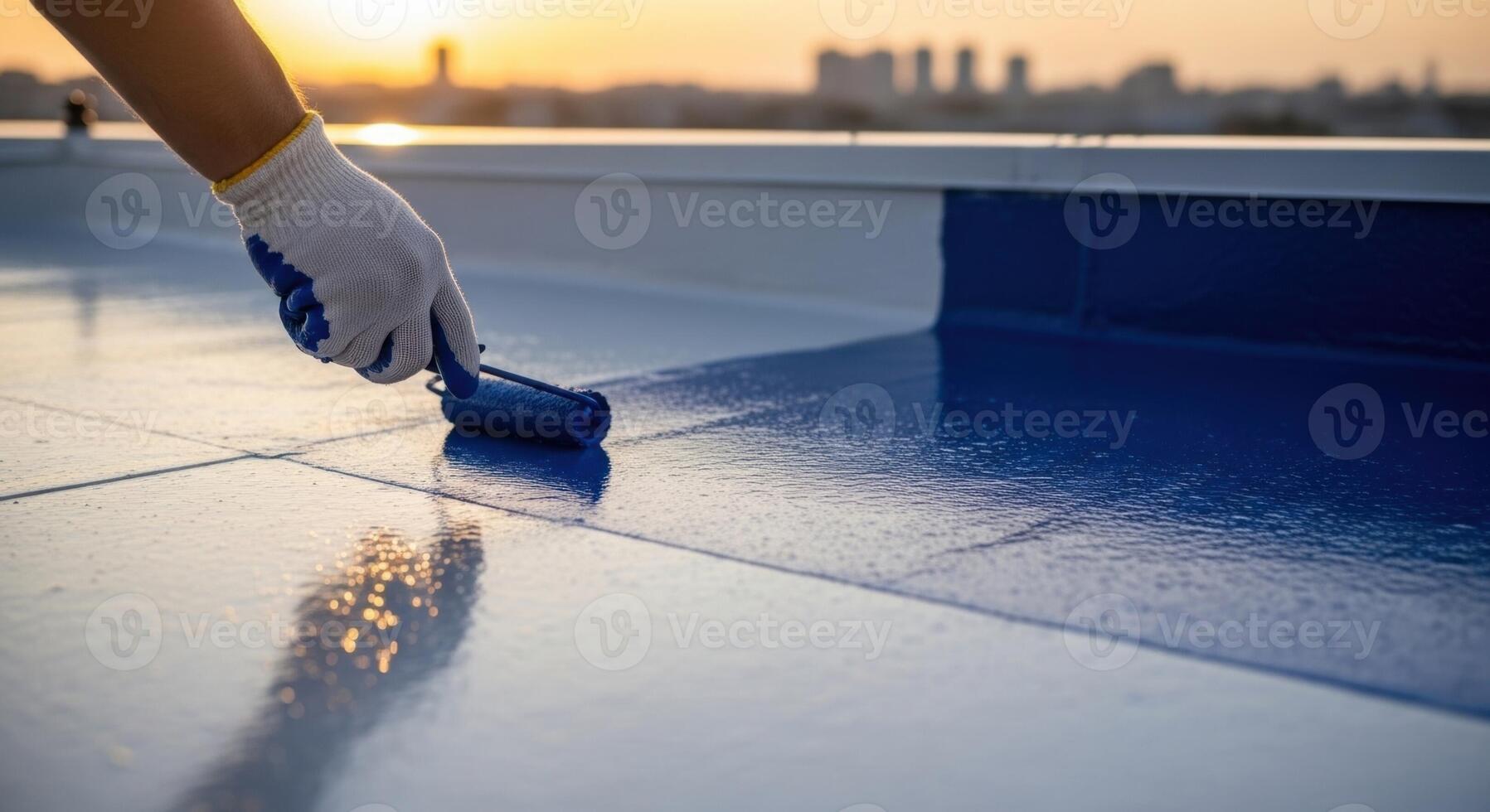 Worker applying blue liquid waterproofing coating with a roller on a rooftop surface at sunset photo