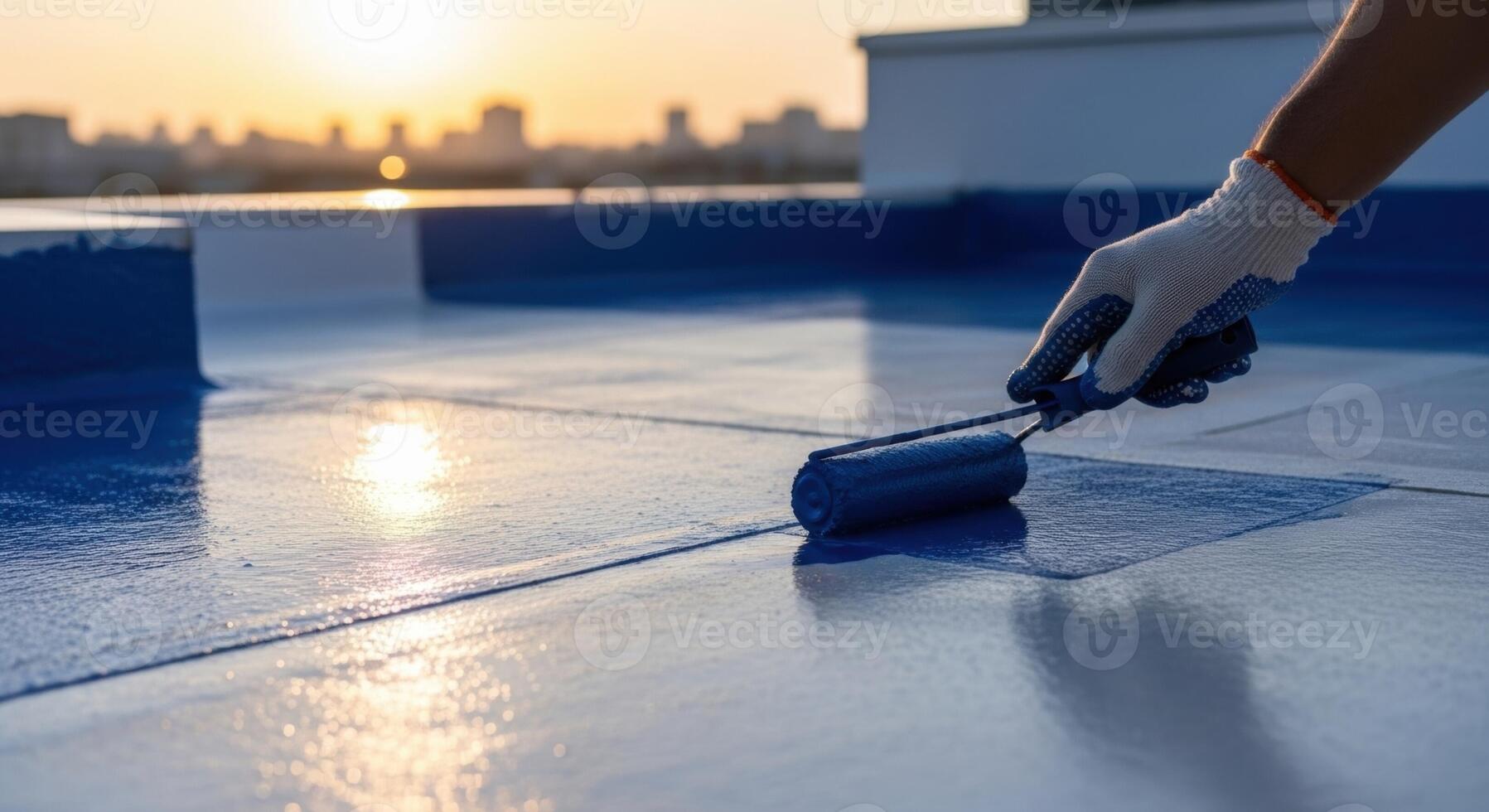 Worker applying blue liquid waterproofing coating with a roller on a building rooftop at sunset. photo