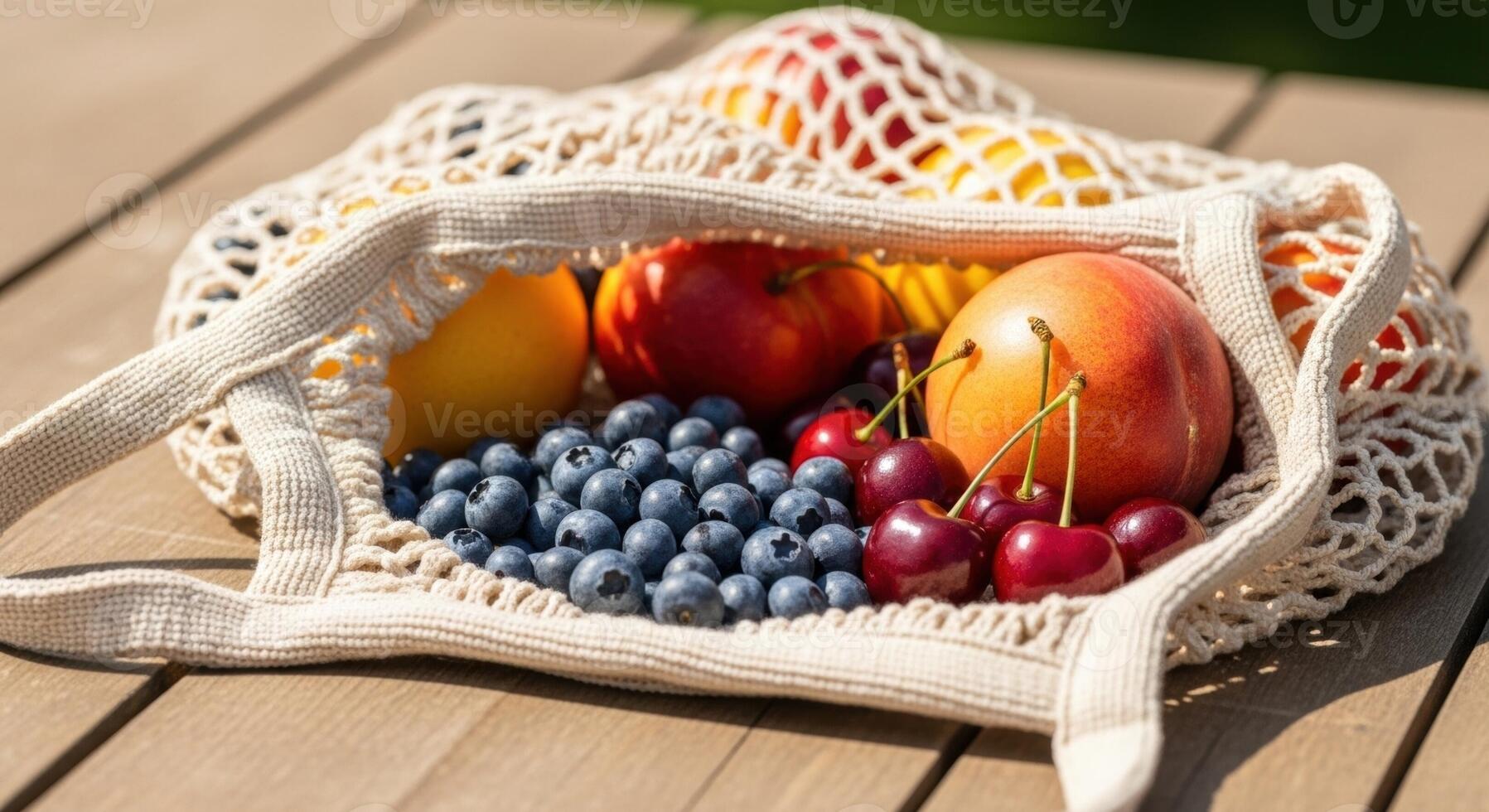 Woven Mesh Bag Overflowing with Fresh Summer Fruits on a Sunny Wooden Table photo