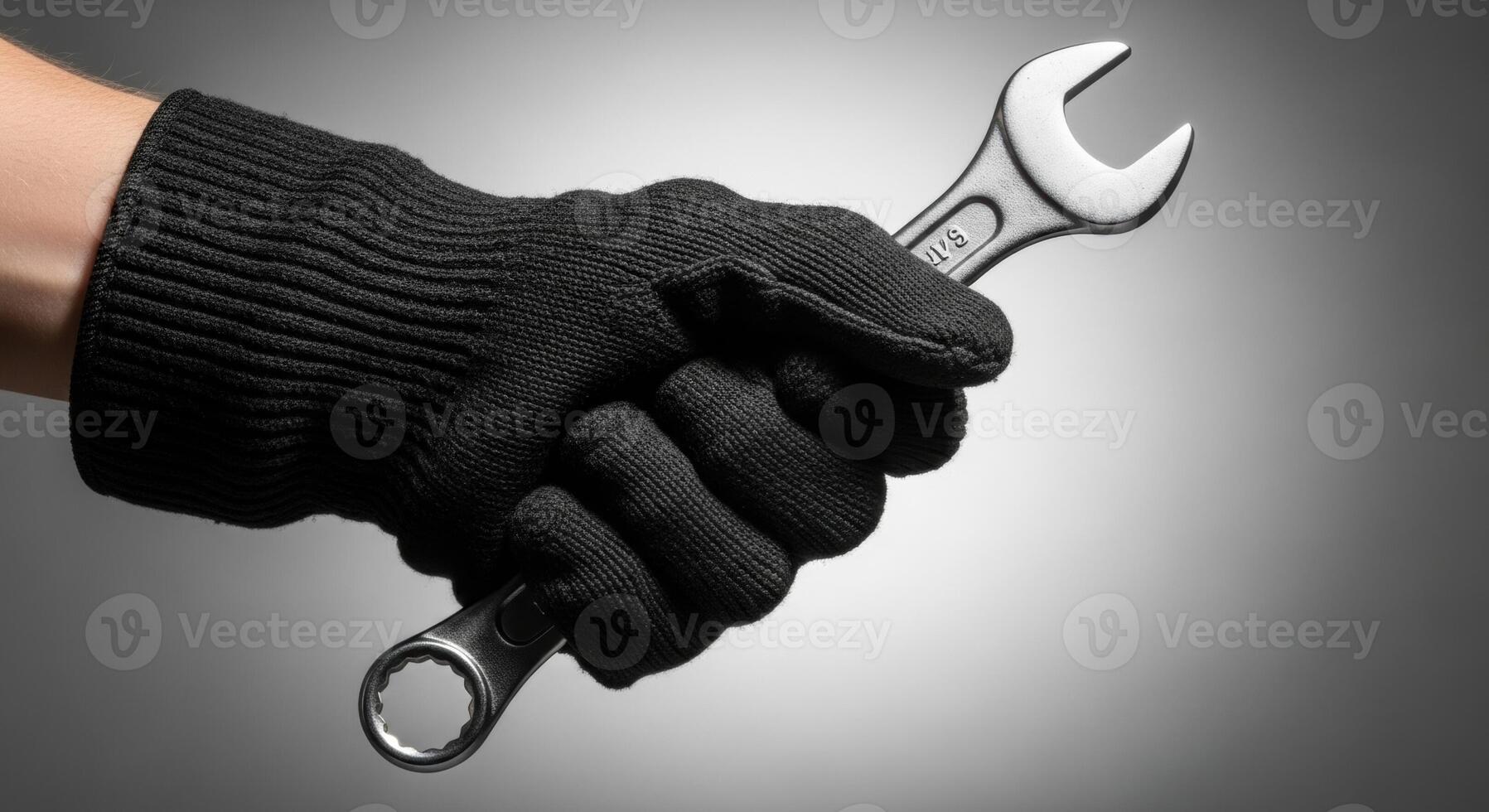 Hand in black industrial work glove holding a metal wrench for repair and maintenance. photo
