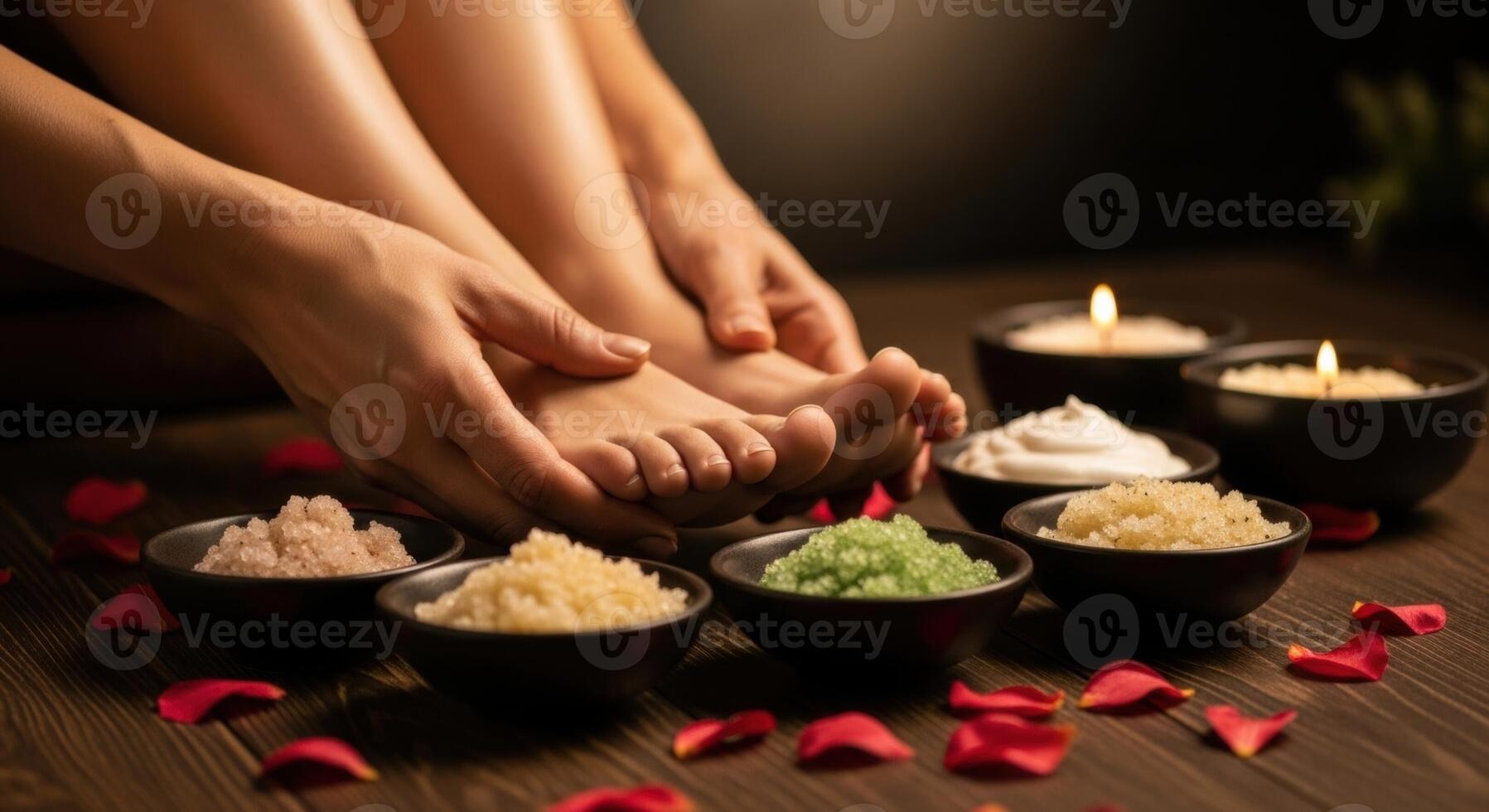 Woman receiving a relaxing foot spa treatment with natural scrubs and candles photo