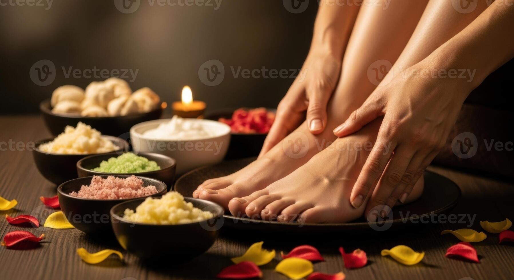 Woman receiving a relaxing foot spa treatment with colorful bath salts and a lit candle photo