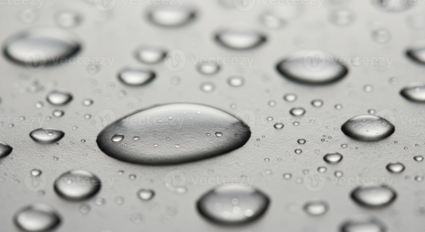Clear water droplets on a light grey textured surface in a macro close up view photo