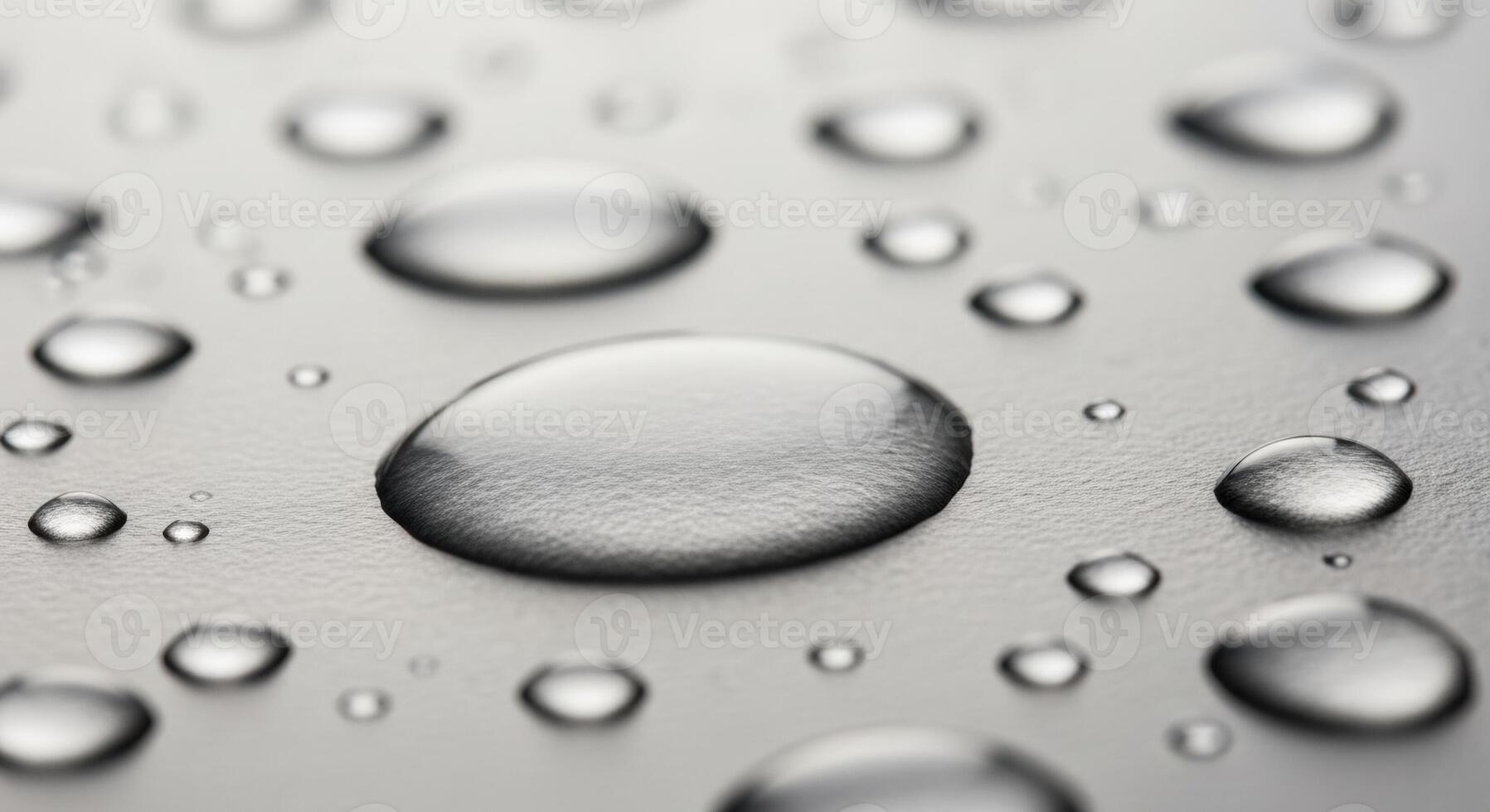 Clear water droplets on a textured grey surface creating a fresh and clean abstract pattern photo