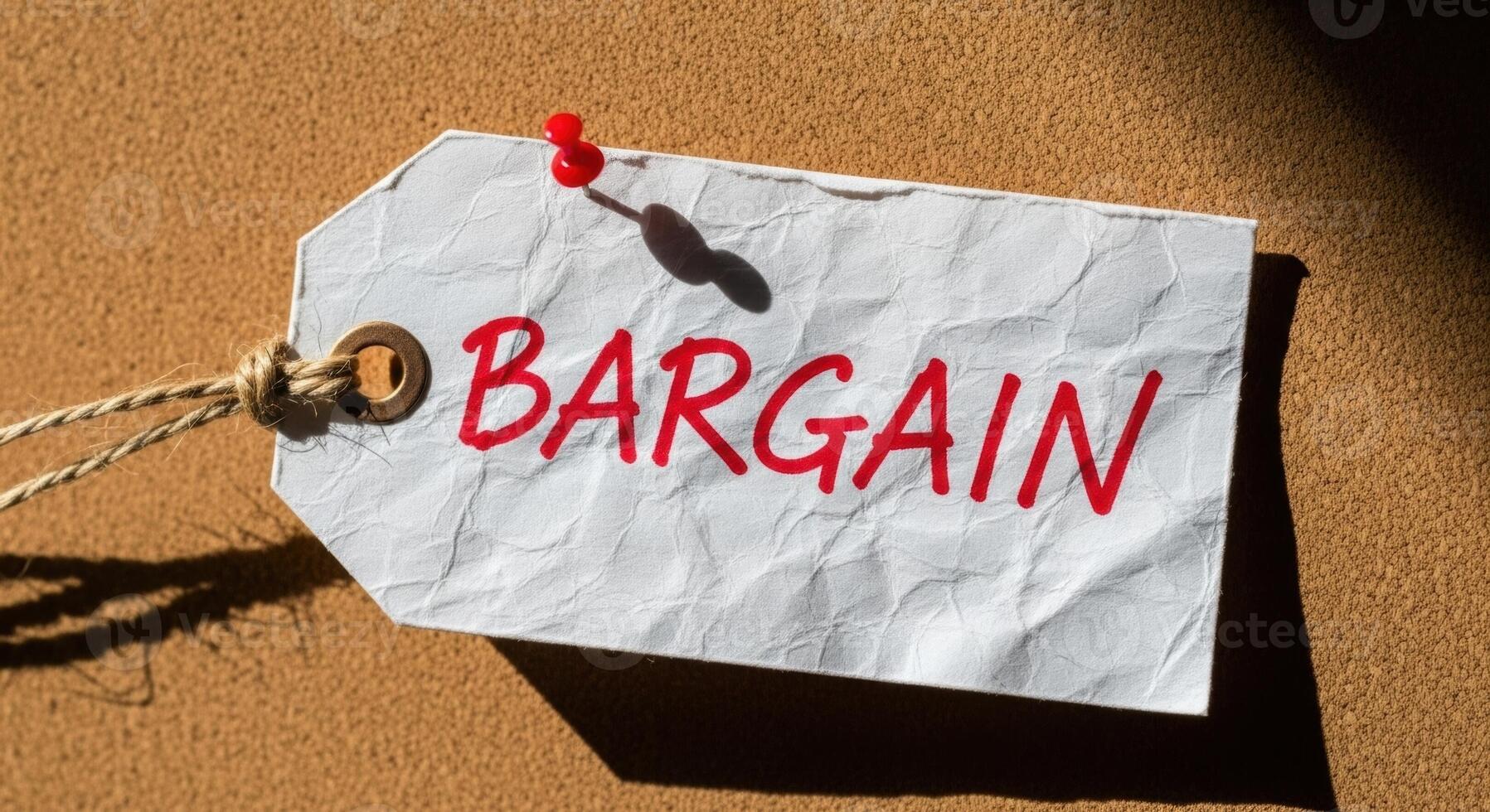 Crumpled white paper tag with the word Bargain written in red, pinned to a brown surface photo