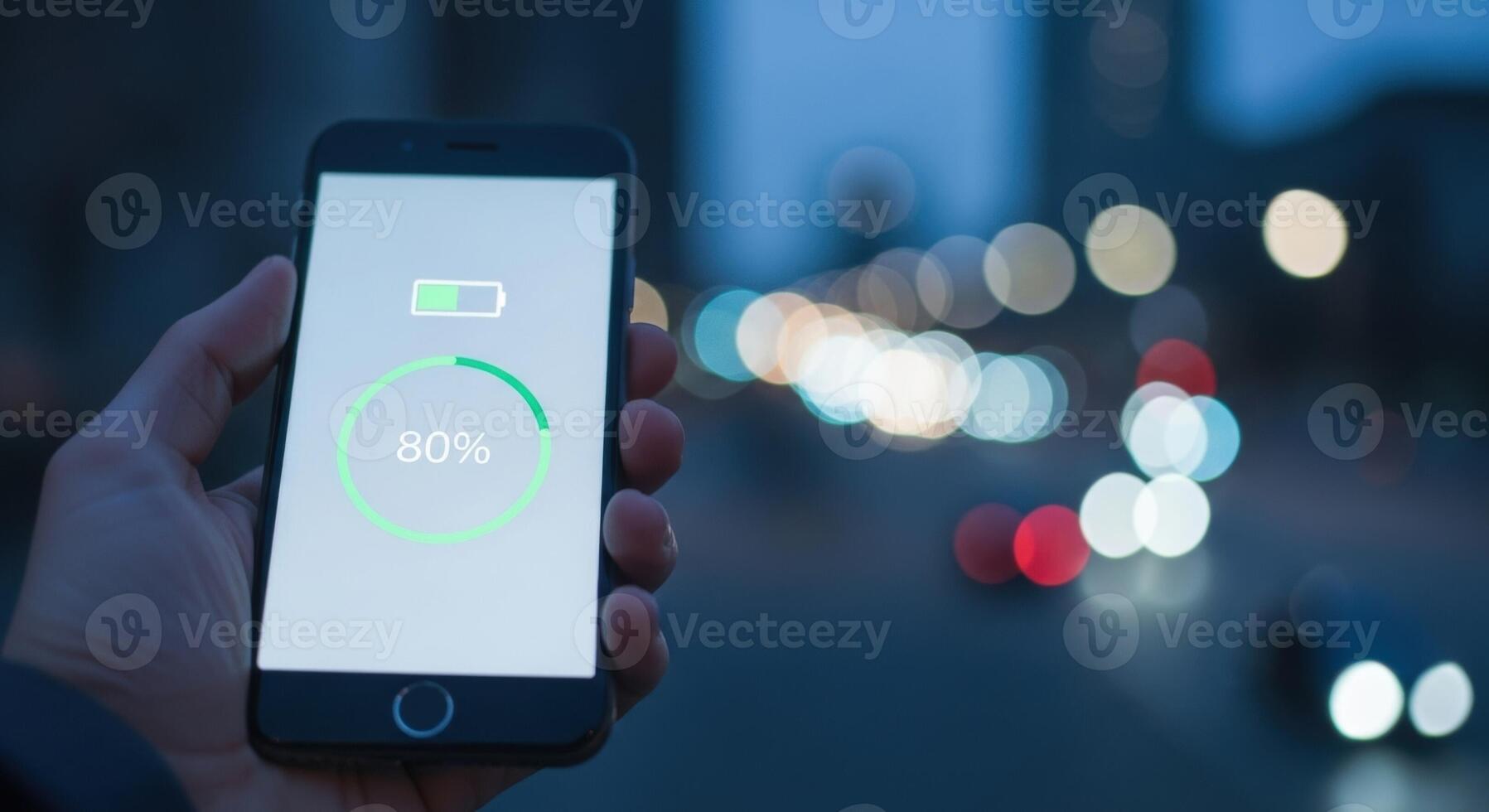 Man holding smartphone with 80 percent battery charge against blurred city lights photo