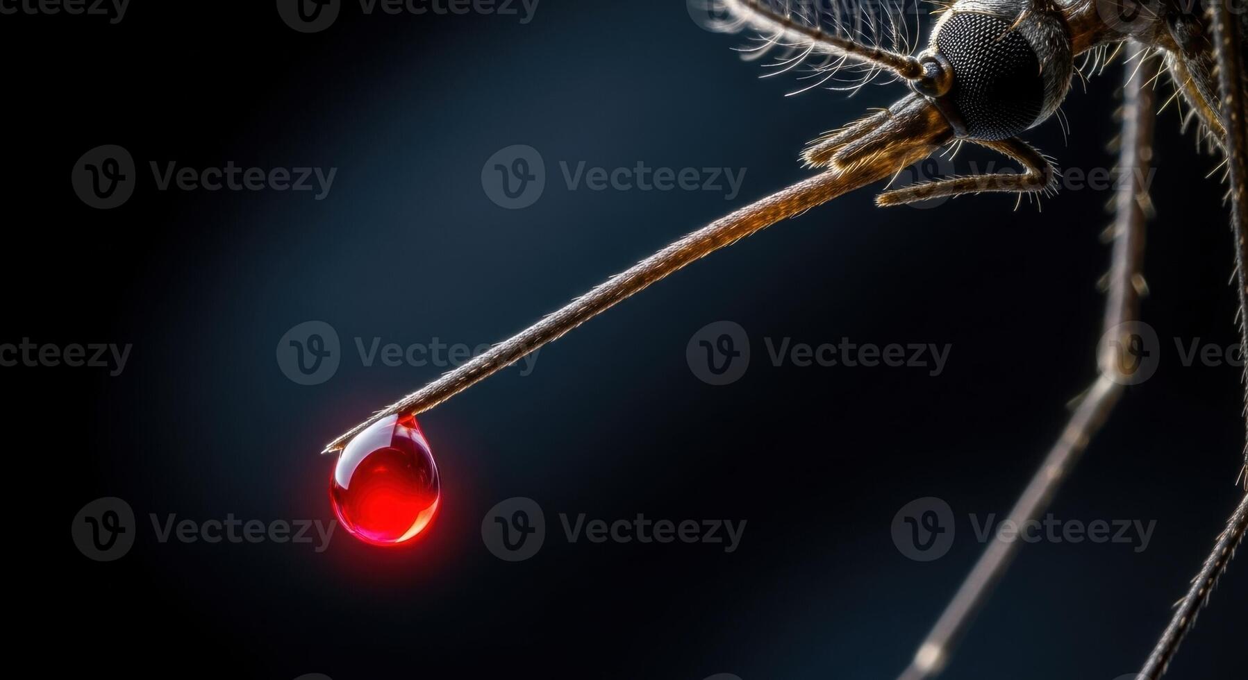 Macro view of a mosquito proboscis with a red blood droplet, symbolizing disease transmission photo